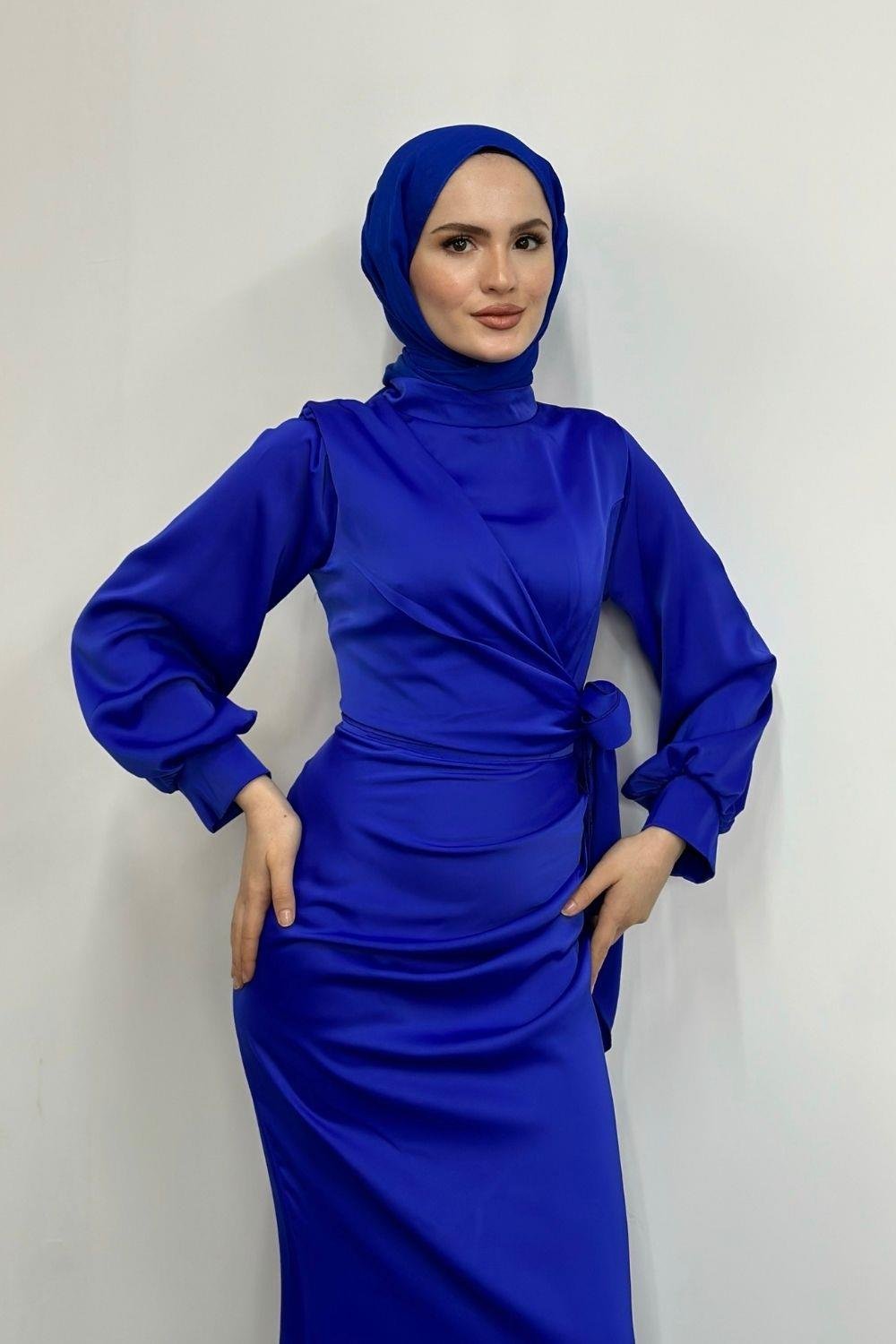 Orlenda Drape Detay Balık Abiye Saks Mavisi