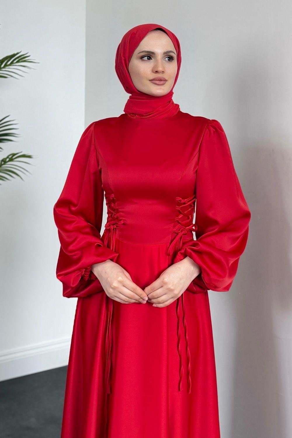 Orya Yanları Sıkmalı Saten Abiye Kırmızı