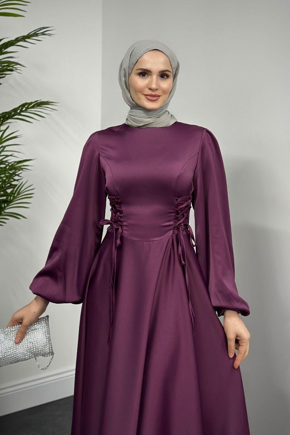 Orya Yanları Sıkmalı Saten Abiye Mor