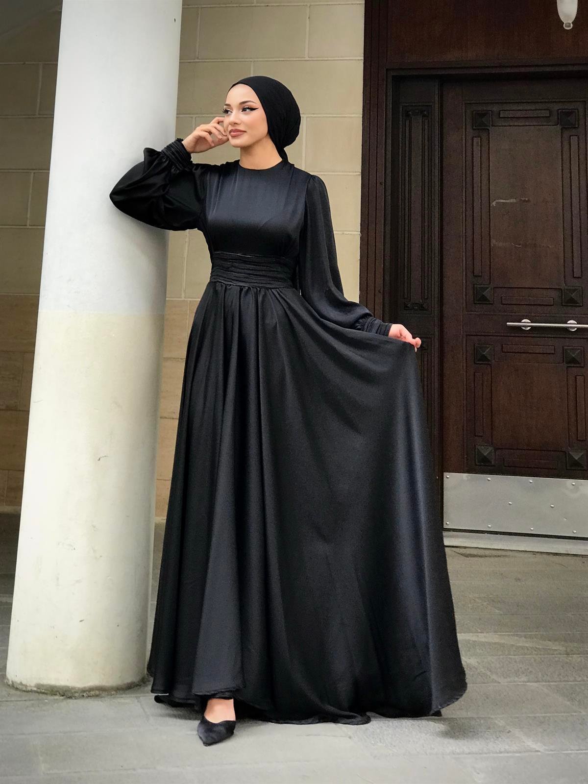 Paris Drapeli Saten Abiye Siyah
