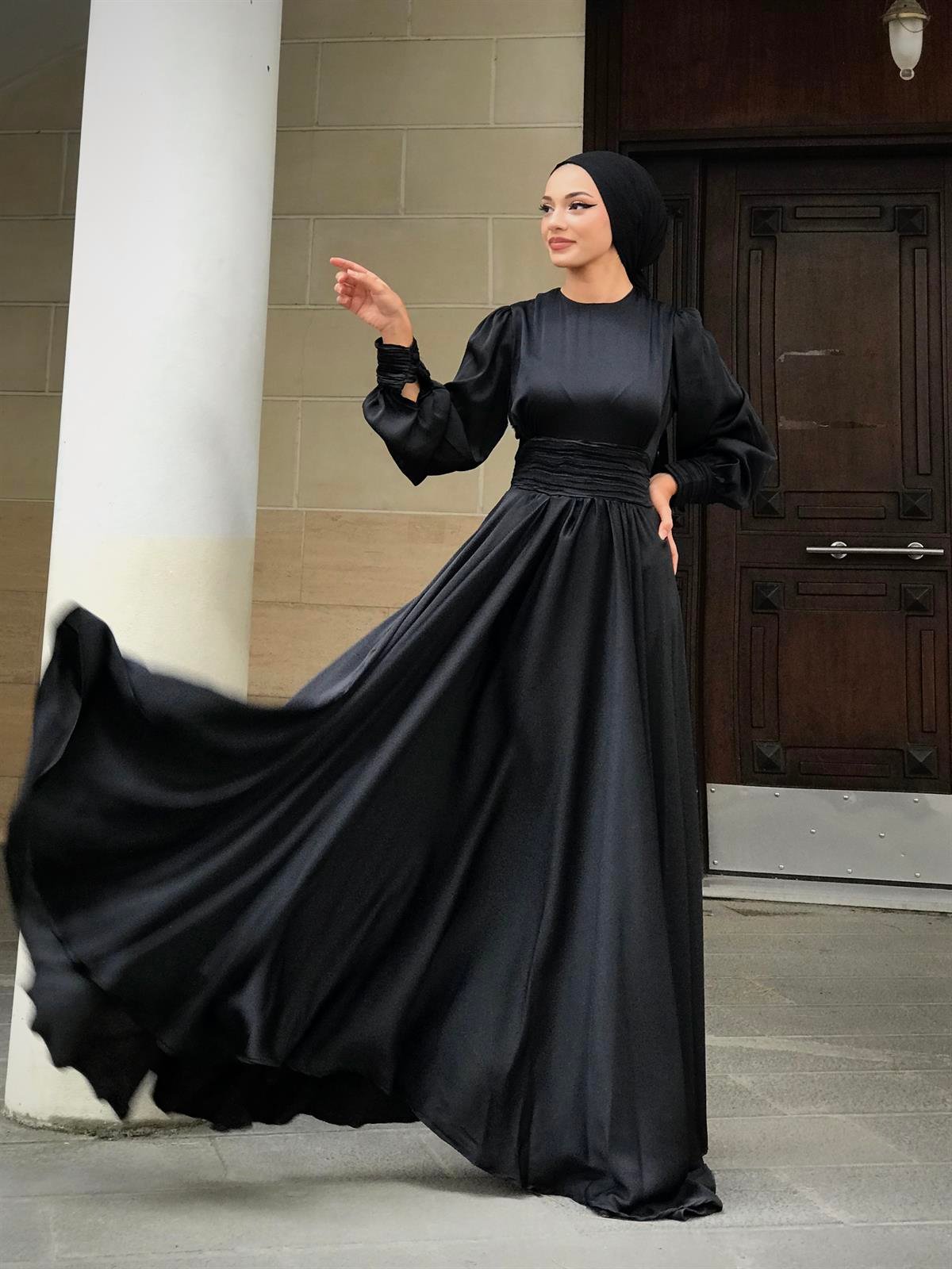 Paris Drapeli Saten Abiye Siyah