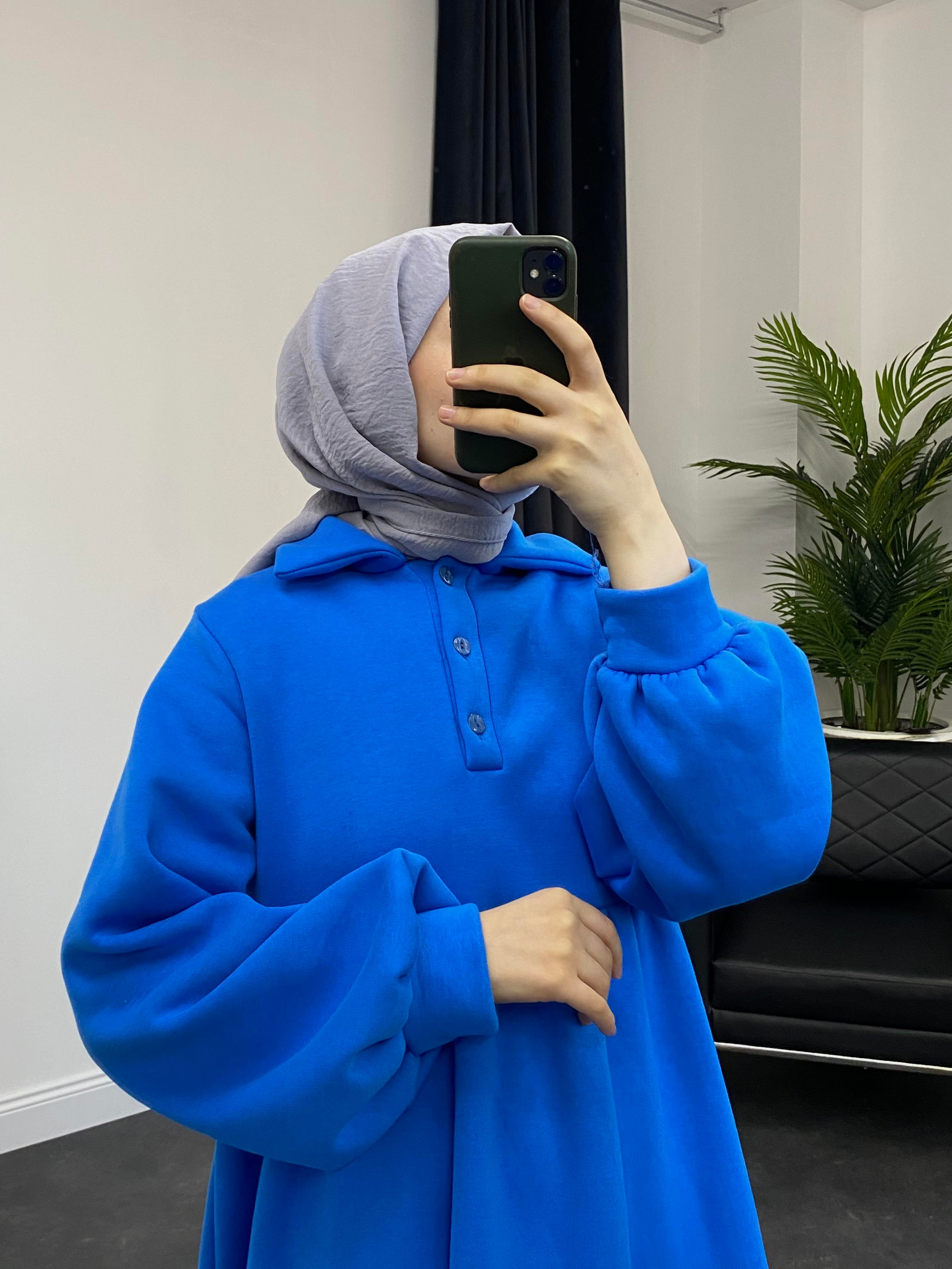 Pera Önü Düğmeli Sweat Elbise Mavi