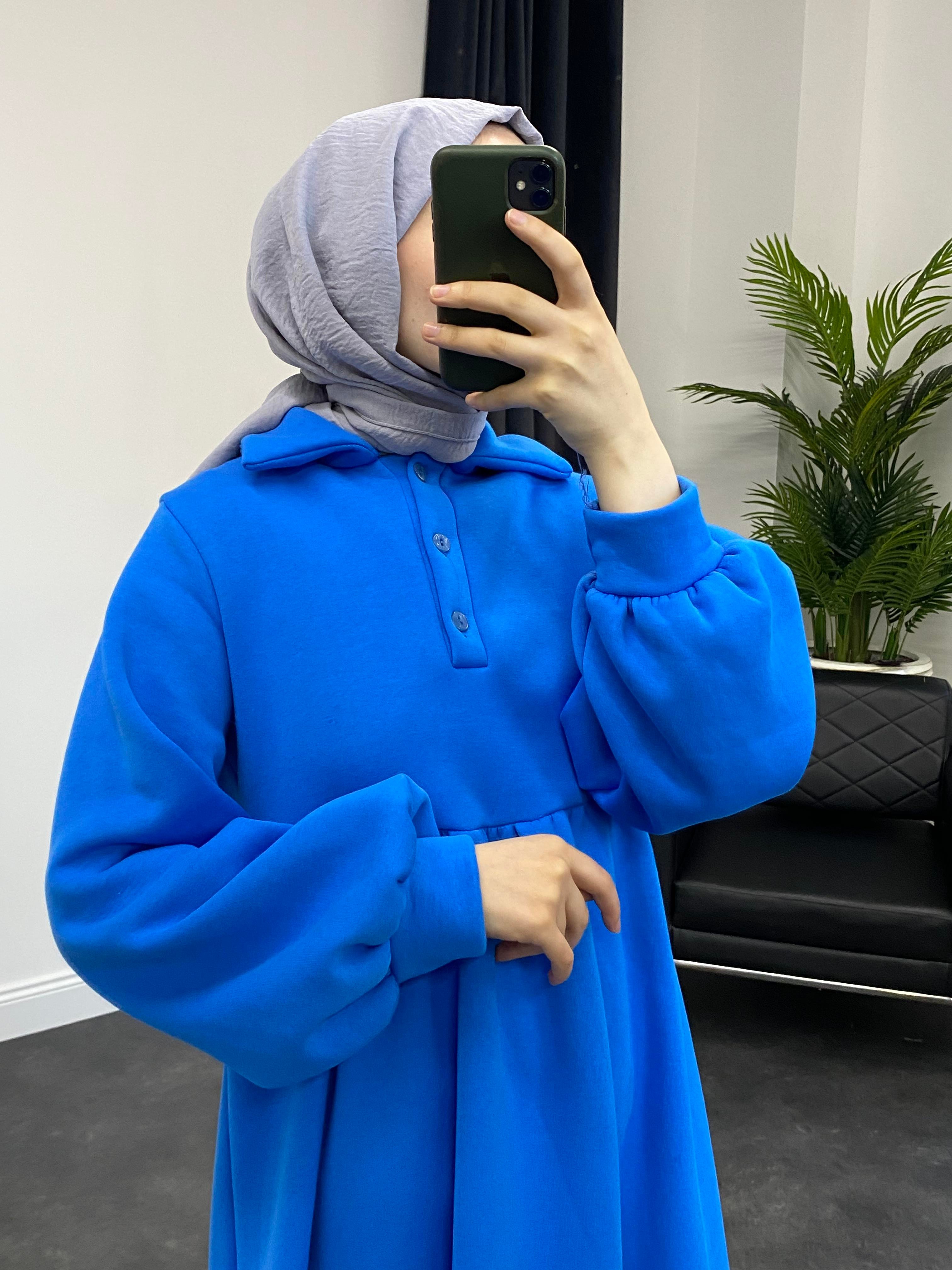 Pera Önü Düğmeli Sweat Elbise Mavi