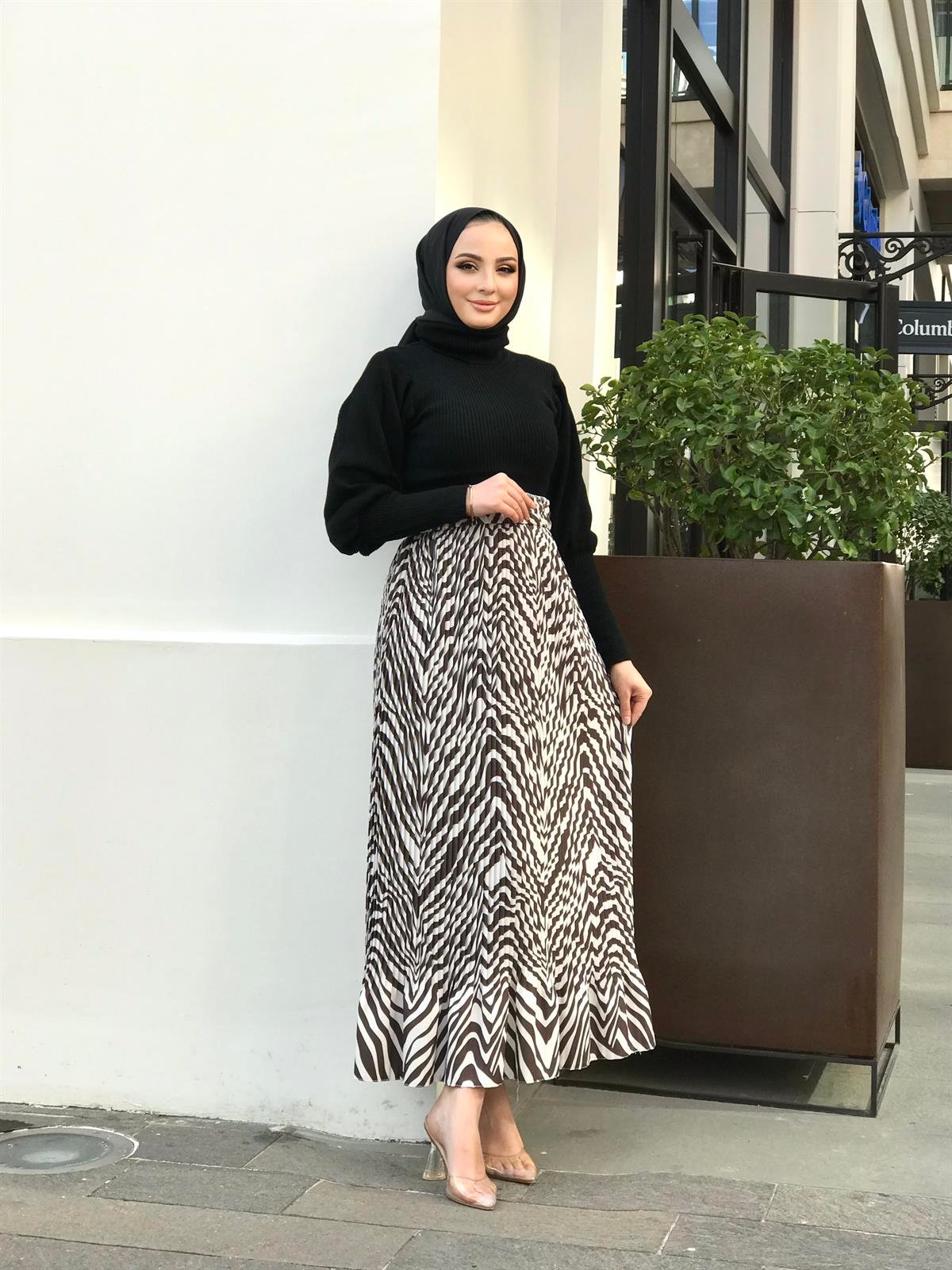 Piliseli Zebra Desen Etek Kahverengi
