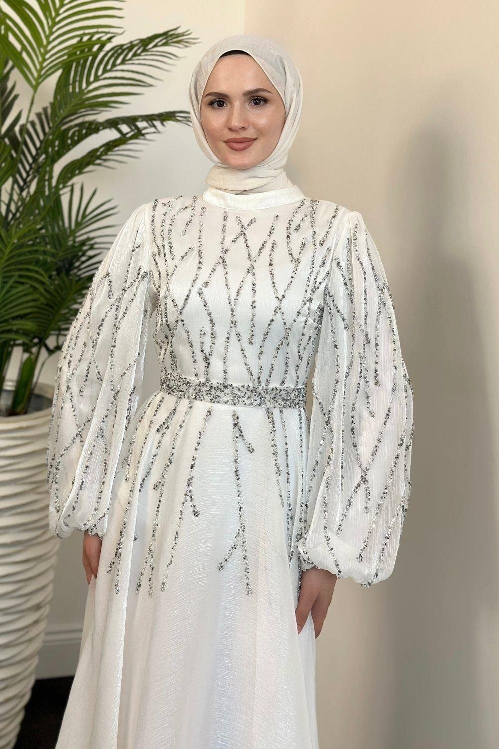 Rabelia Taşlı Abiye Beyaz 