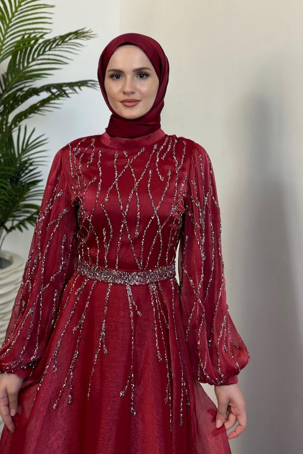 Rabelia Taşlı Abiye Kırmızı
