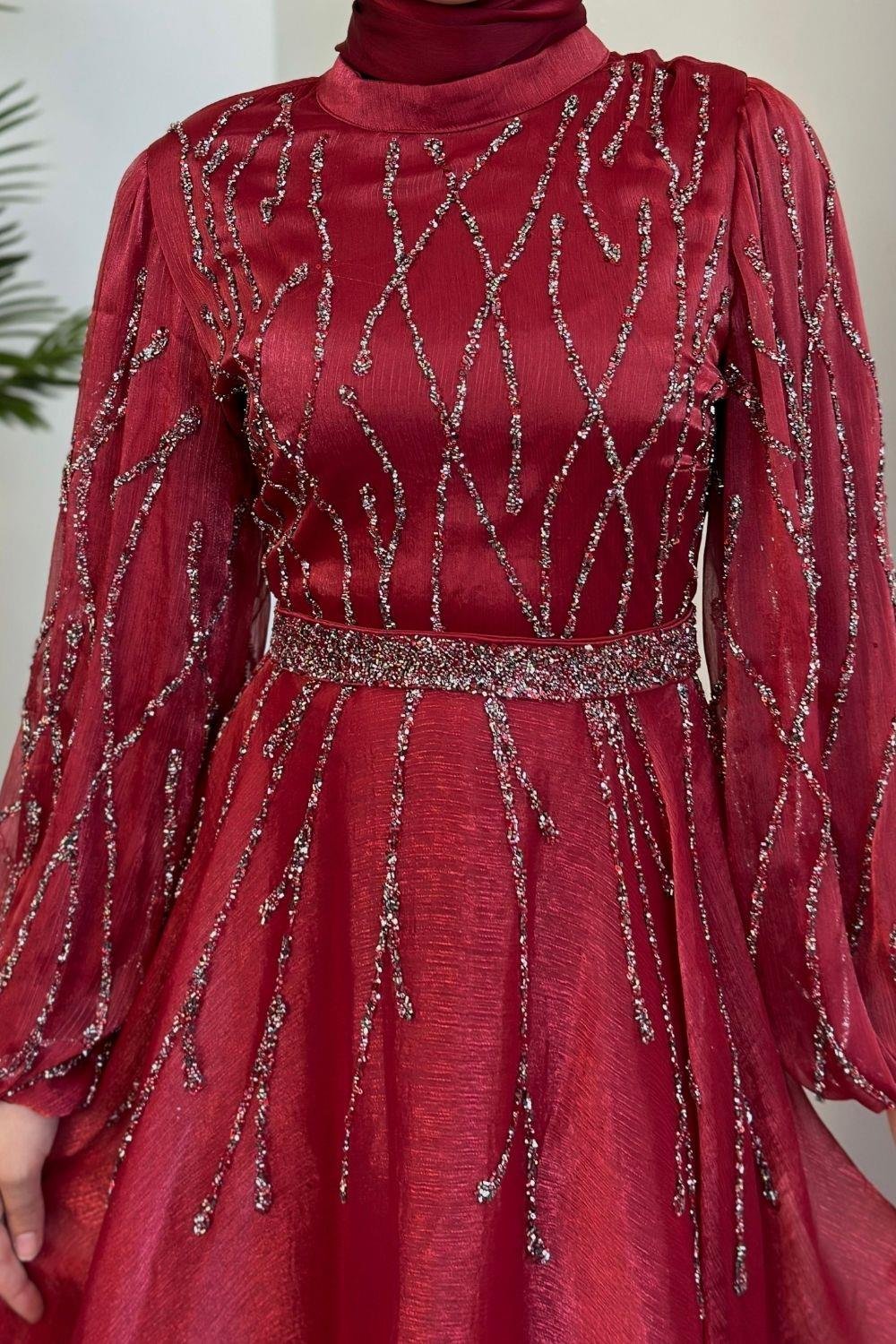 Rabelia Taşlı Abiye Kırmızı