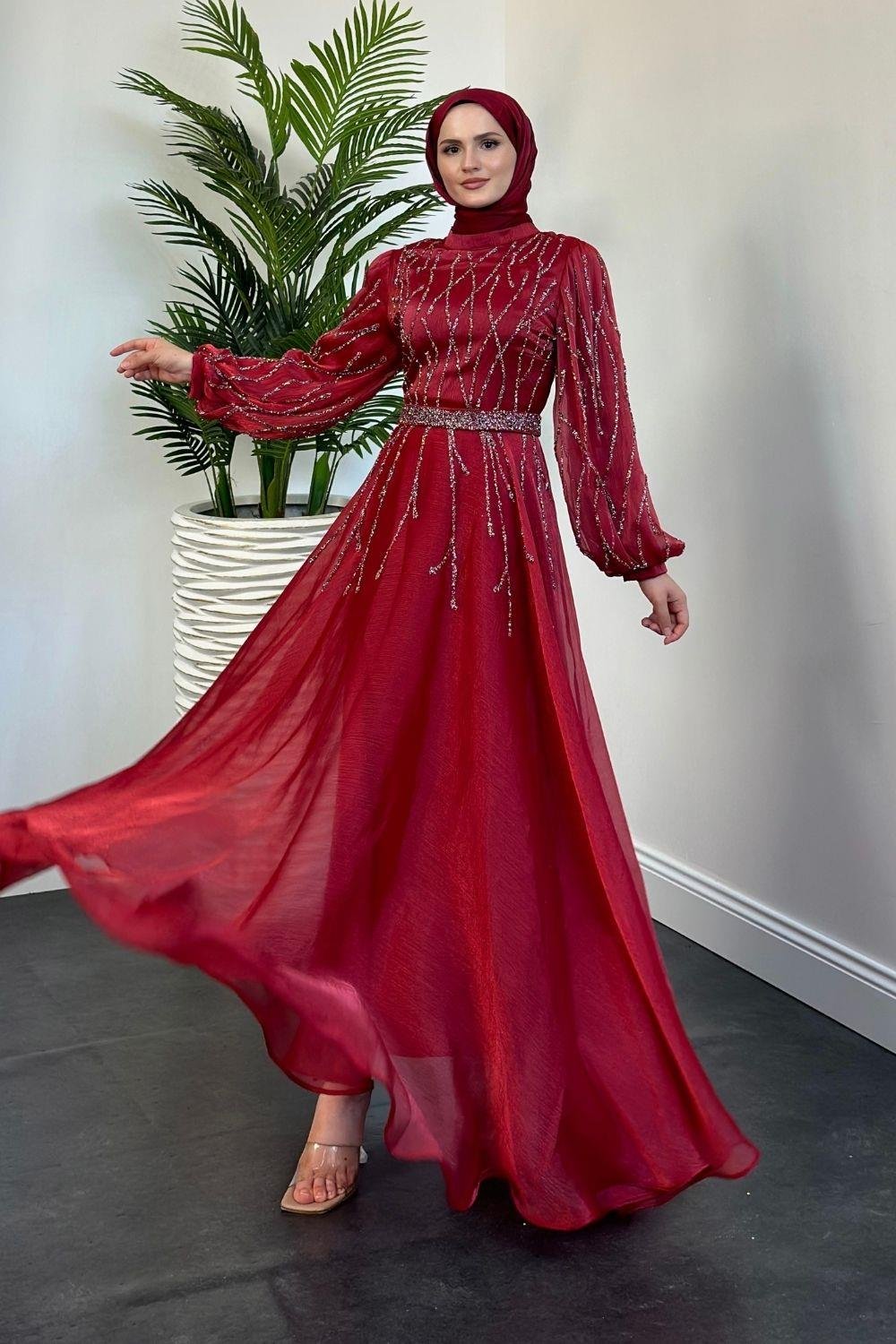 Rabelia Taşlı Abiye Kırmızı