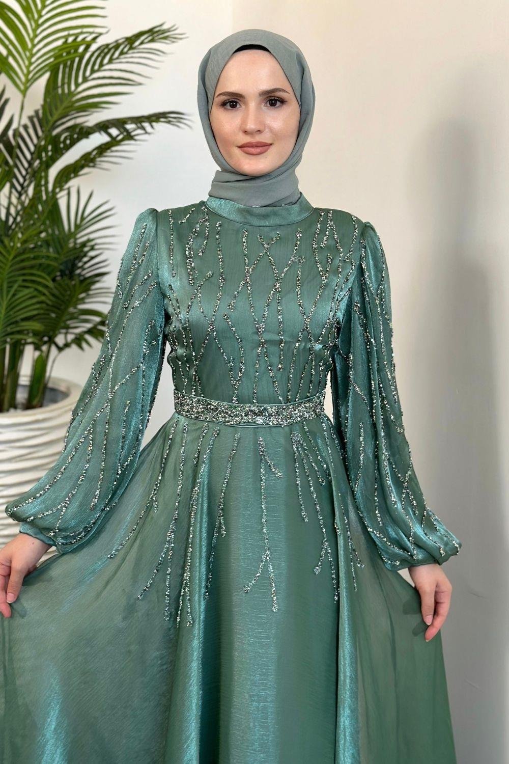 Rabelia Taşlı Abiye Mint Yeşili