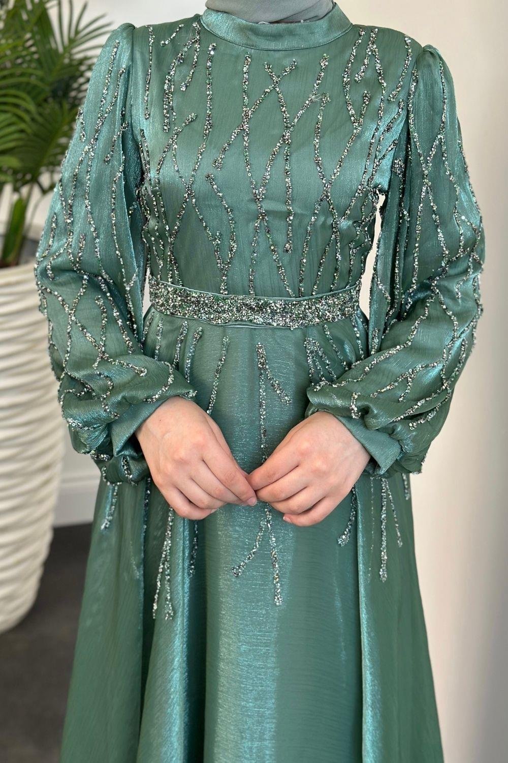 Rabelia Taşlı Abiye Mint Yeşili