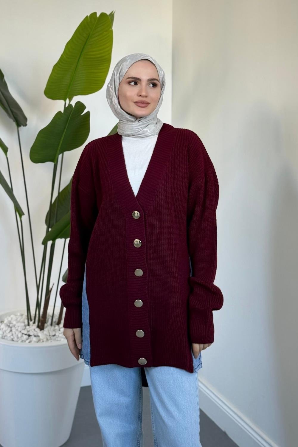 Ritim Yan Arka Kotlu Hırka Bordo