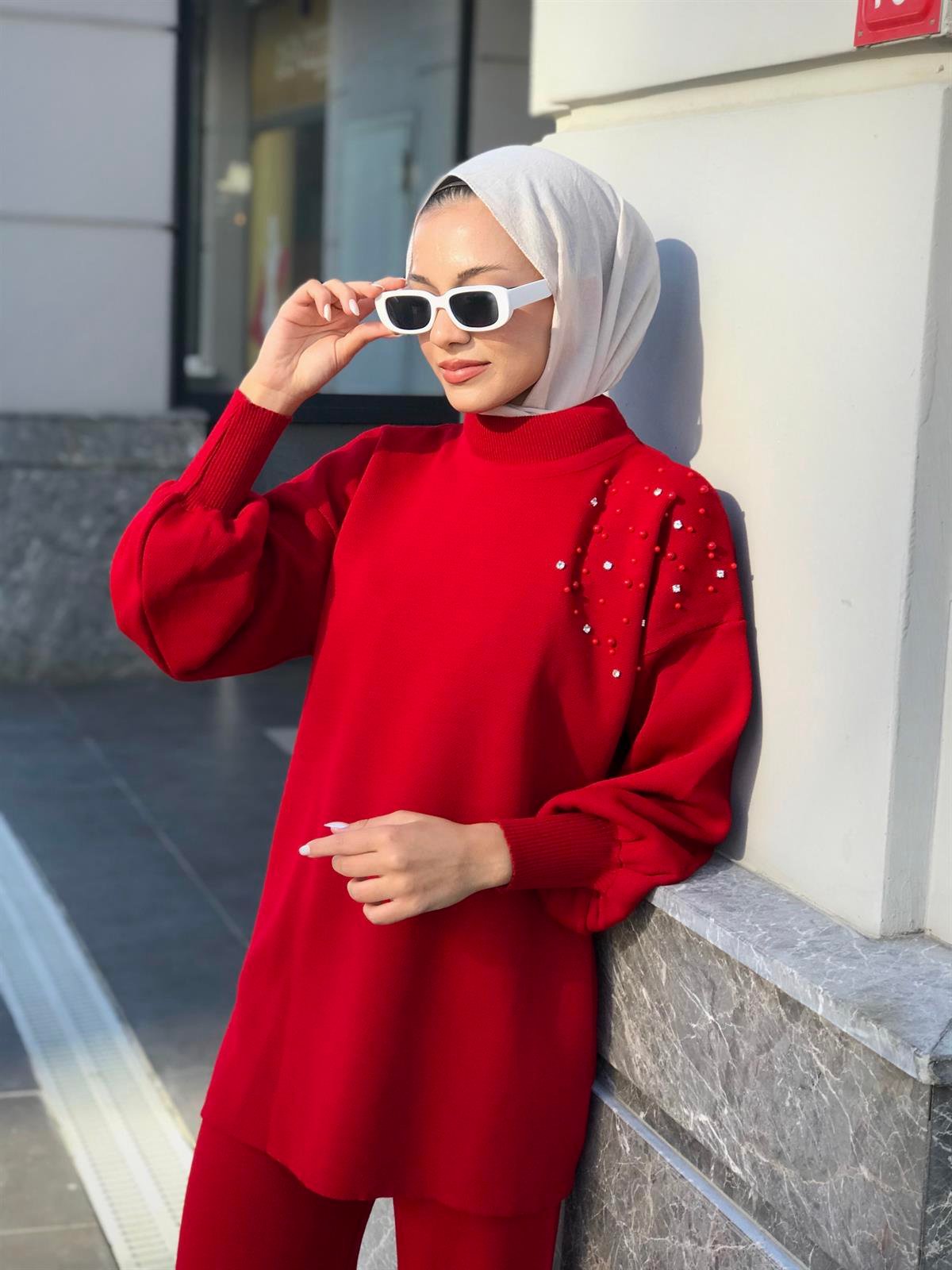 Rosa İncili Triko Takım Kırmızı