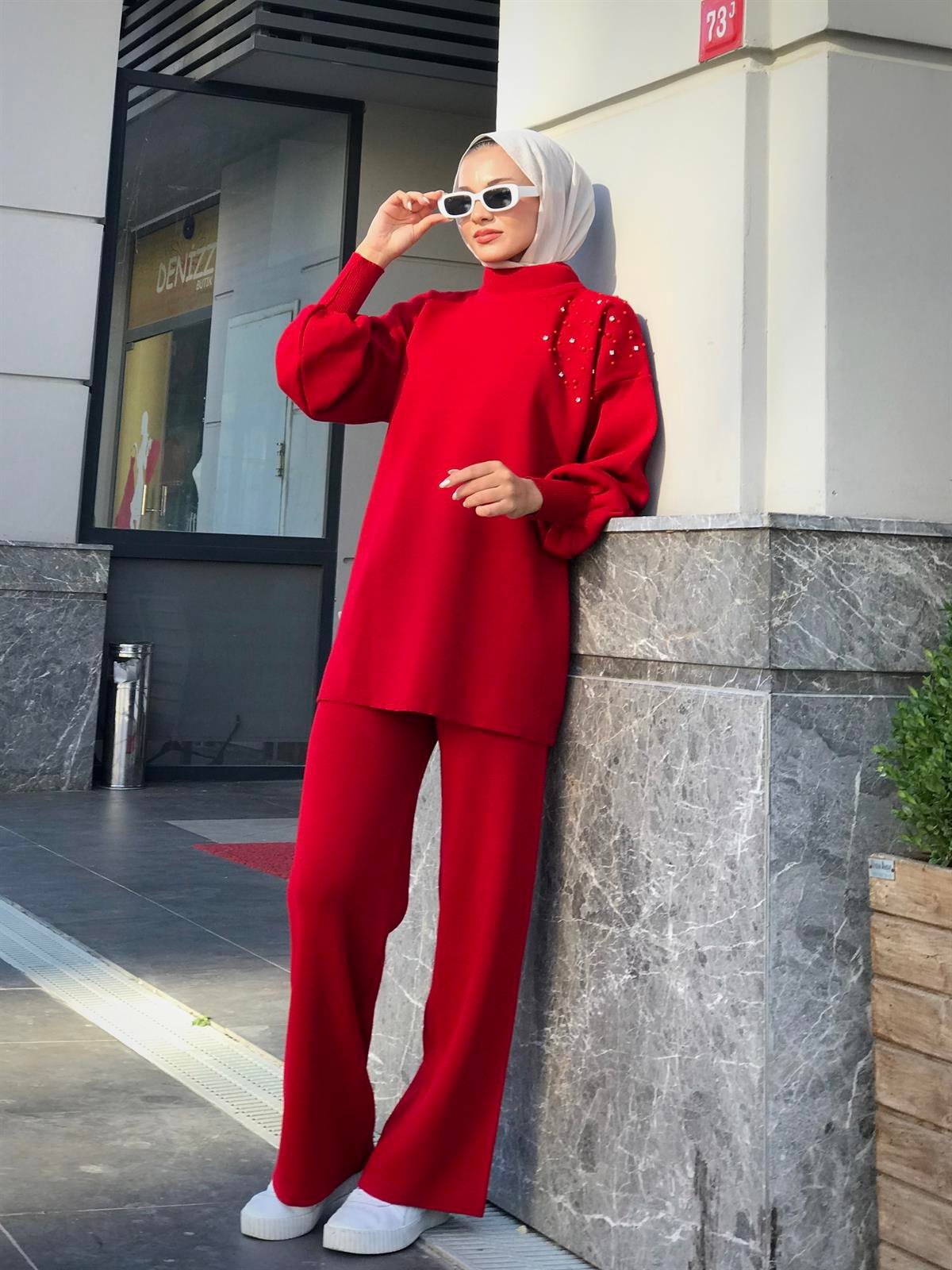 Rosa İncili Triko Takım Kırmızı