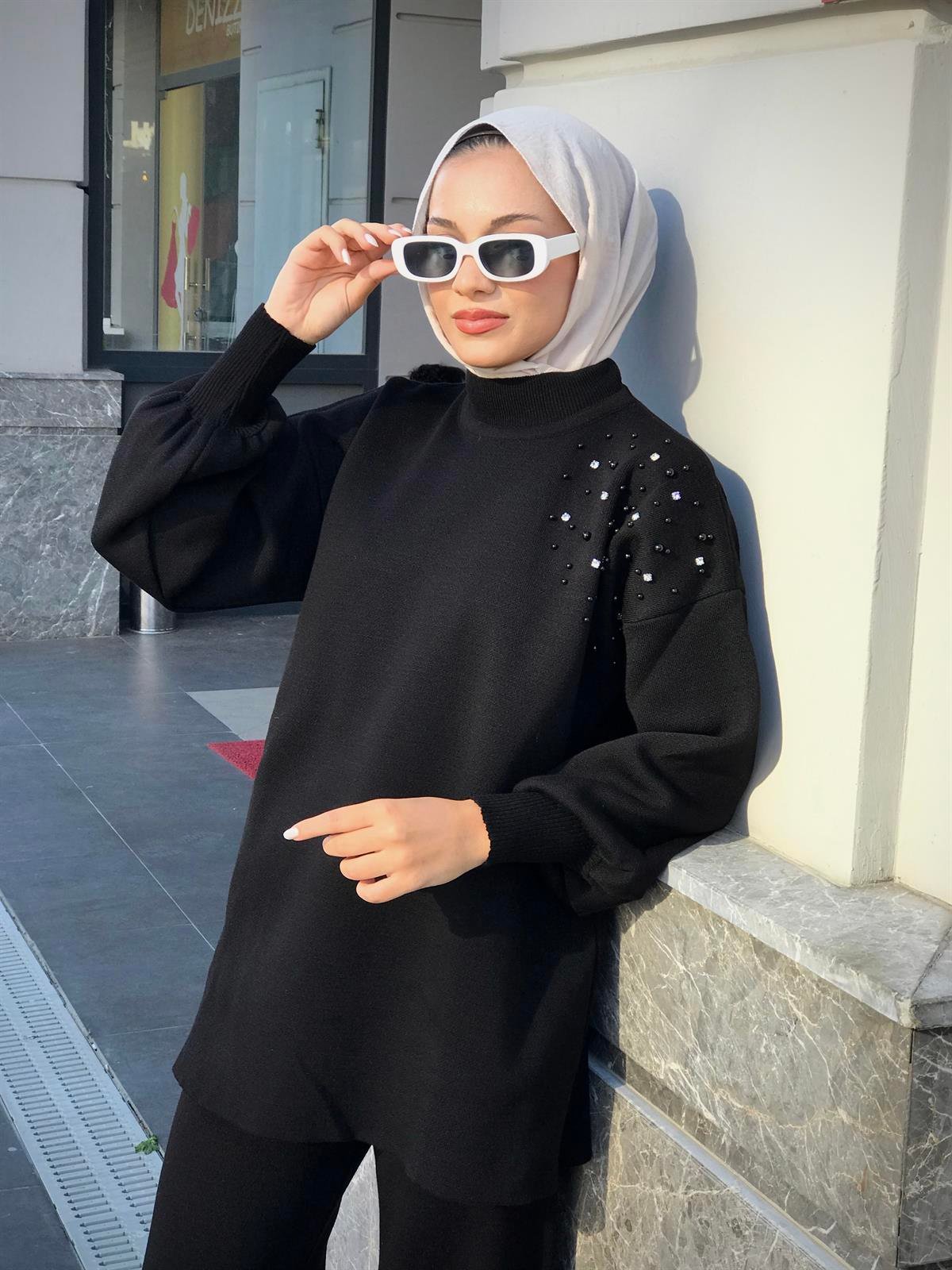 Rosa İncili Triko Takım Siyah