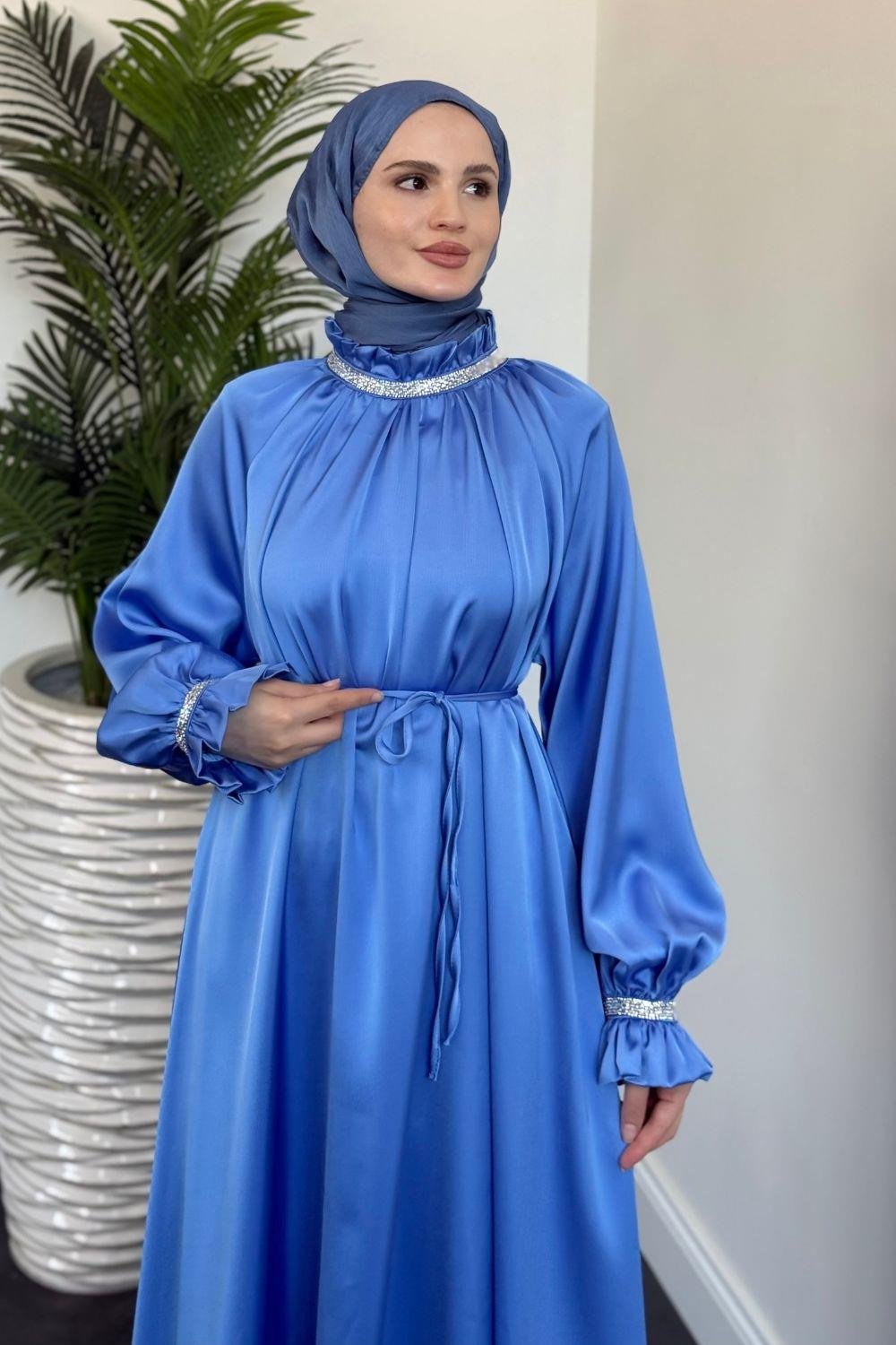 Rozie Kolları Ve Boynu Taşlı Abiye Mavi