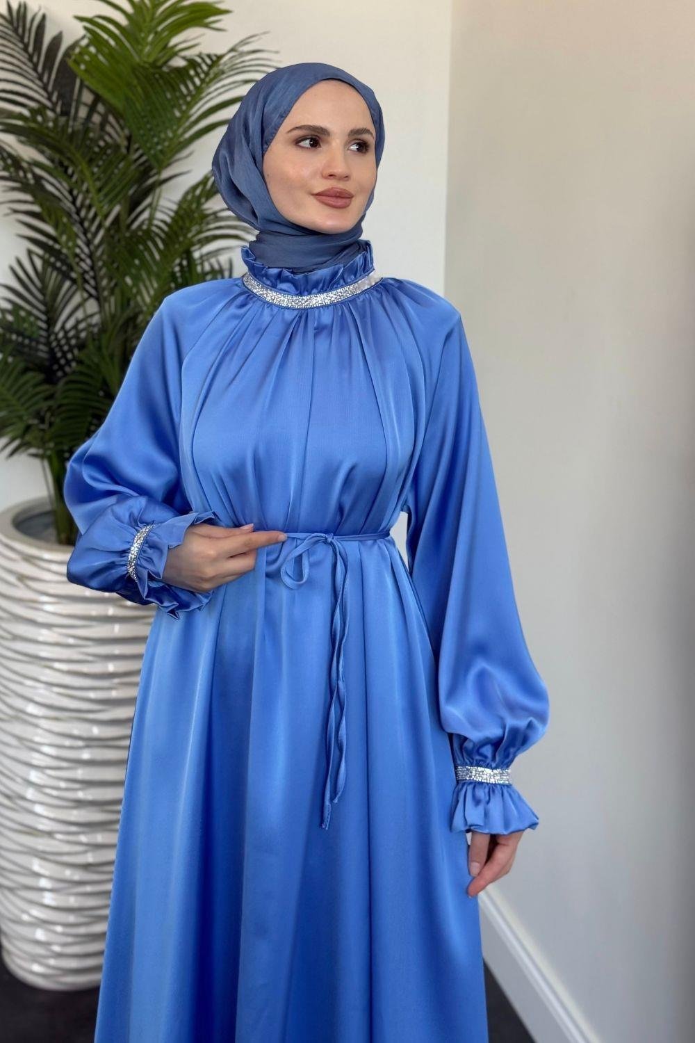 Rozie Kolları Ve Boynu Taşlı Abiye Mavi