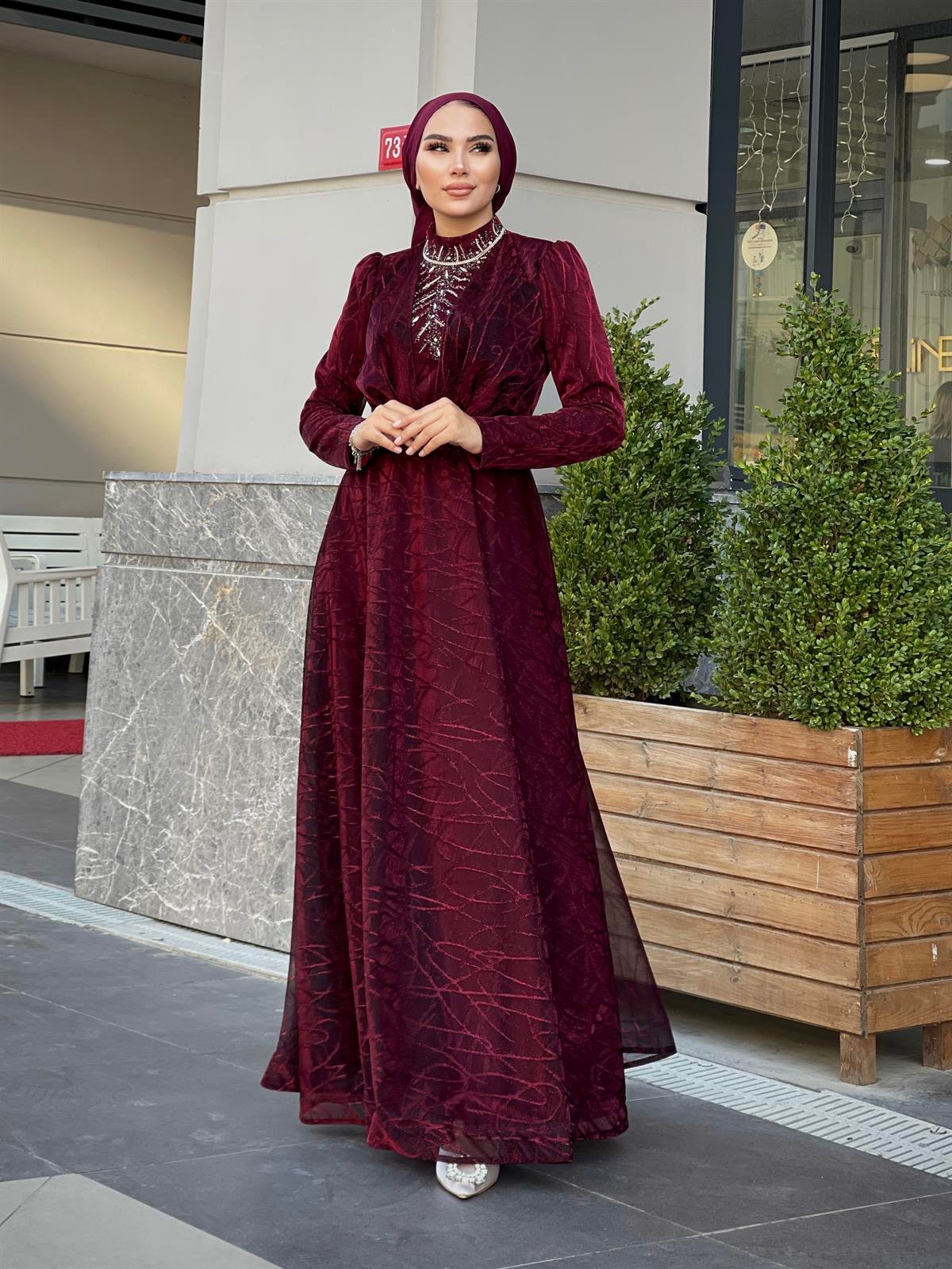 Şahmaran Önü Taşlı Abiye Bordo