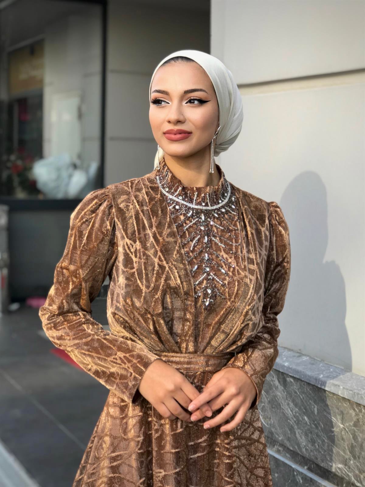 Şahmaran Önü Taşlı Abiye Gold