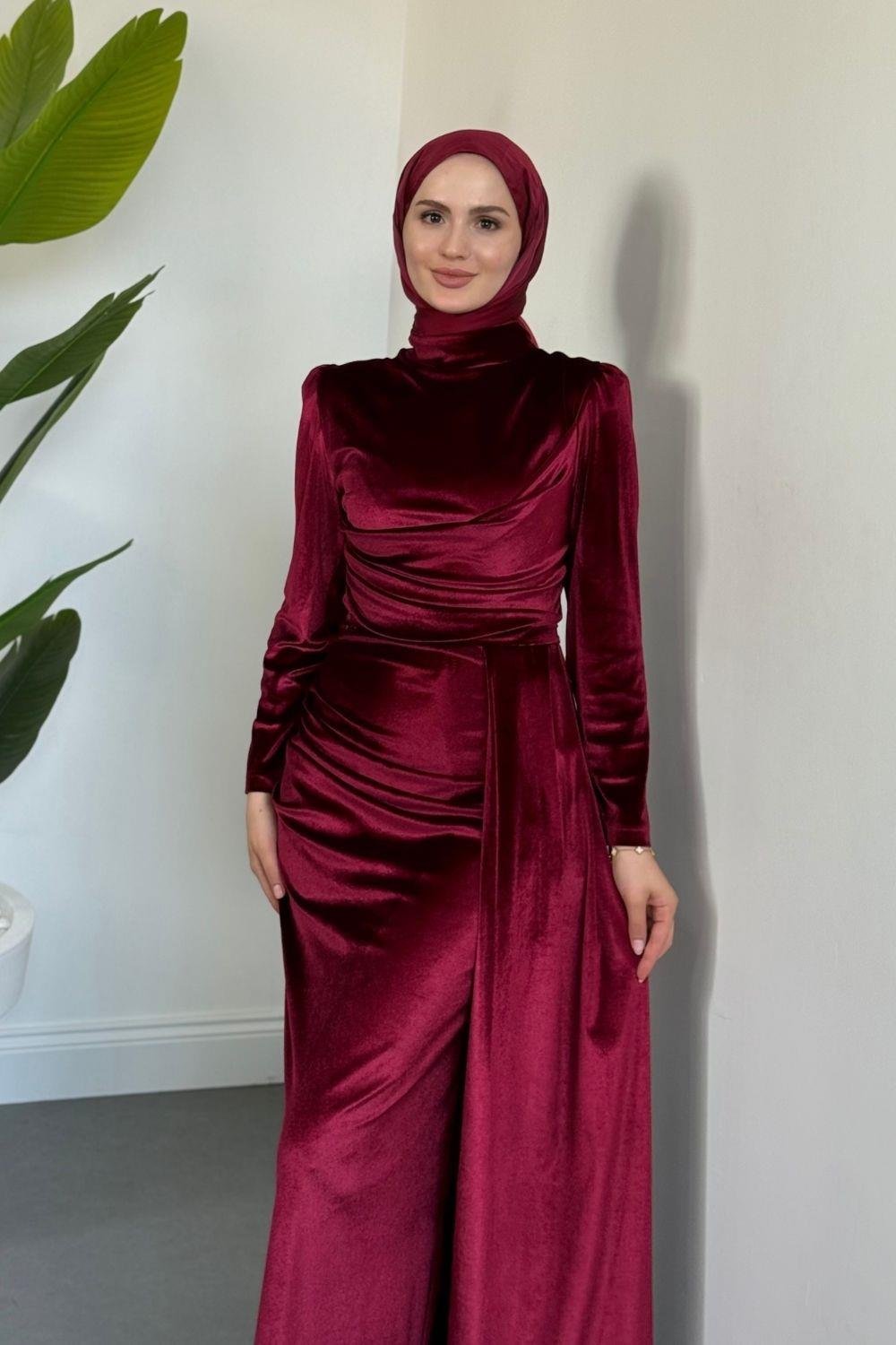Samy Kadife Kumaş Balık Elbise Bordo