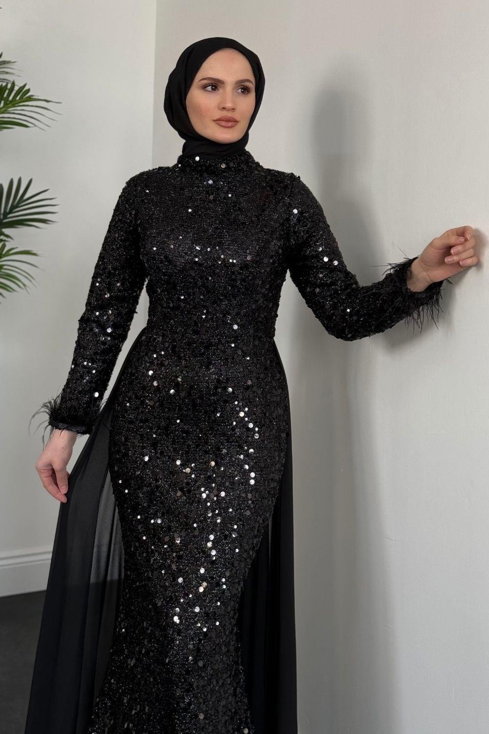 Sanem Pelerinli Pul Payet Abiye Siyah