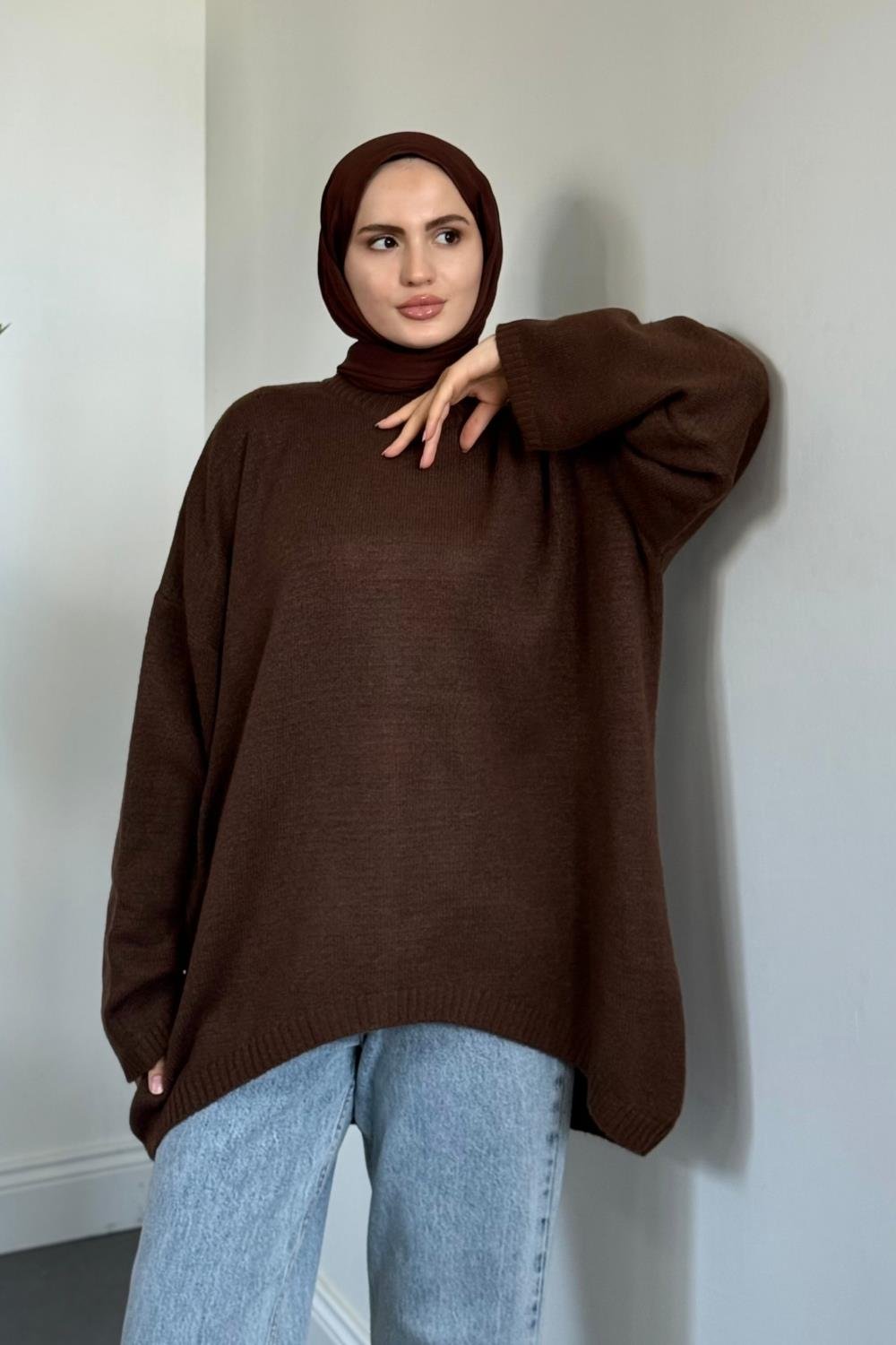 Sezin Ön Oval Kol Salaş Tunik Kahverengi