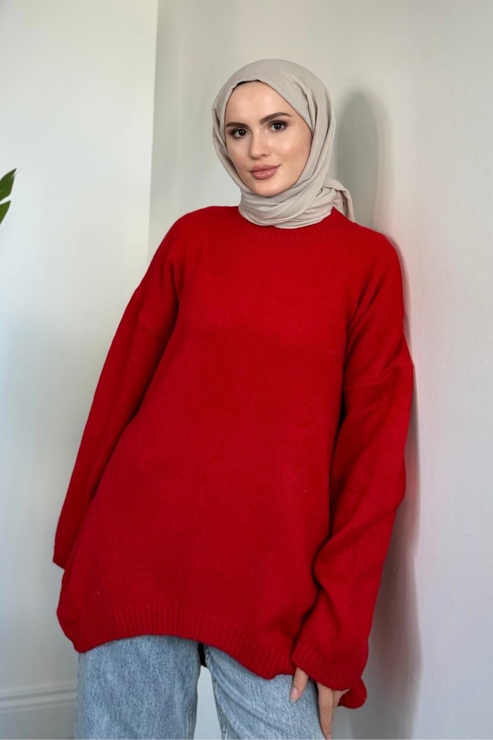 Sezin Ön Oval Kol Salaş Tunik Kırmızı