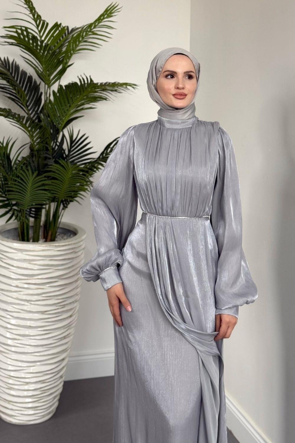 Shay Beli Ve Kolu Baget Taşlı Abiye Janjan  Abiye Gri