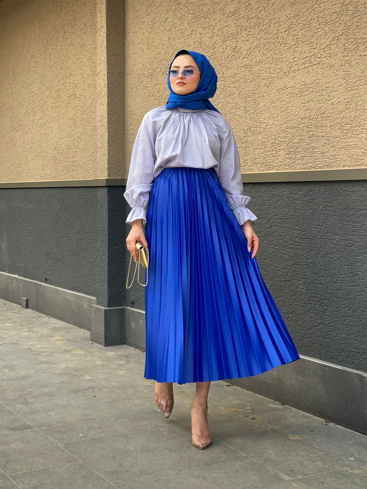 Sık Pileli Etek Saks
