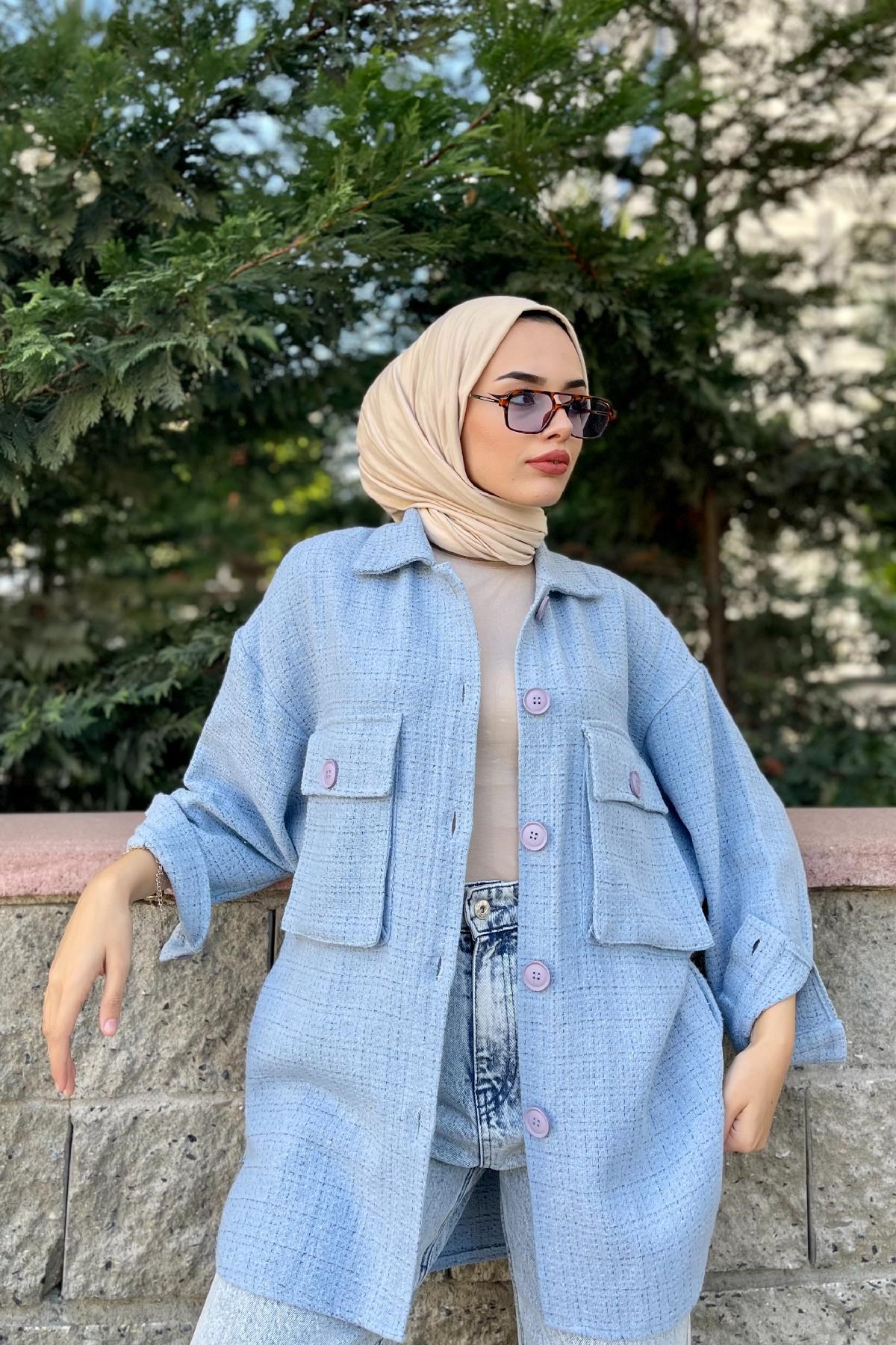Simli Düğmeli Ceket Mavi