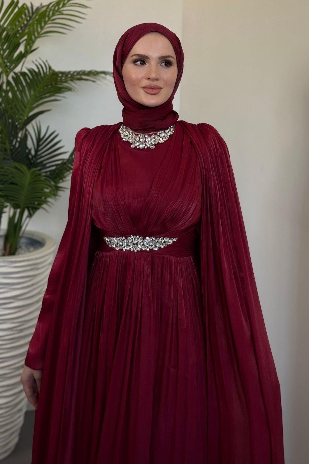 Solea Kolları Pelerinli Taşlı Abiye Bordo