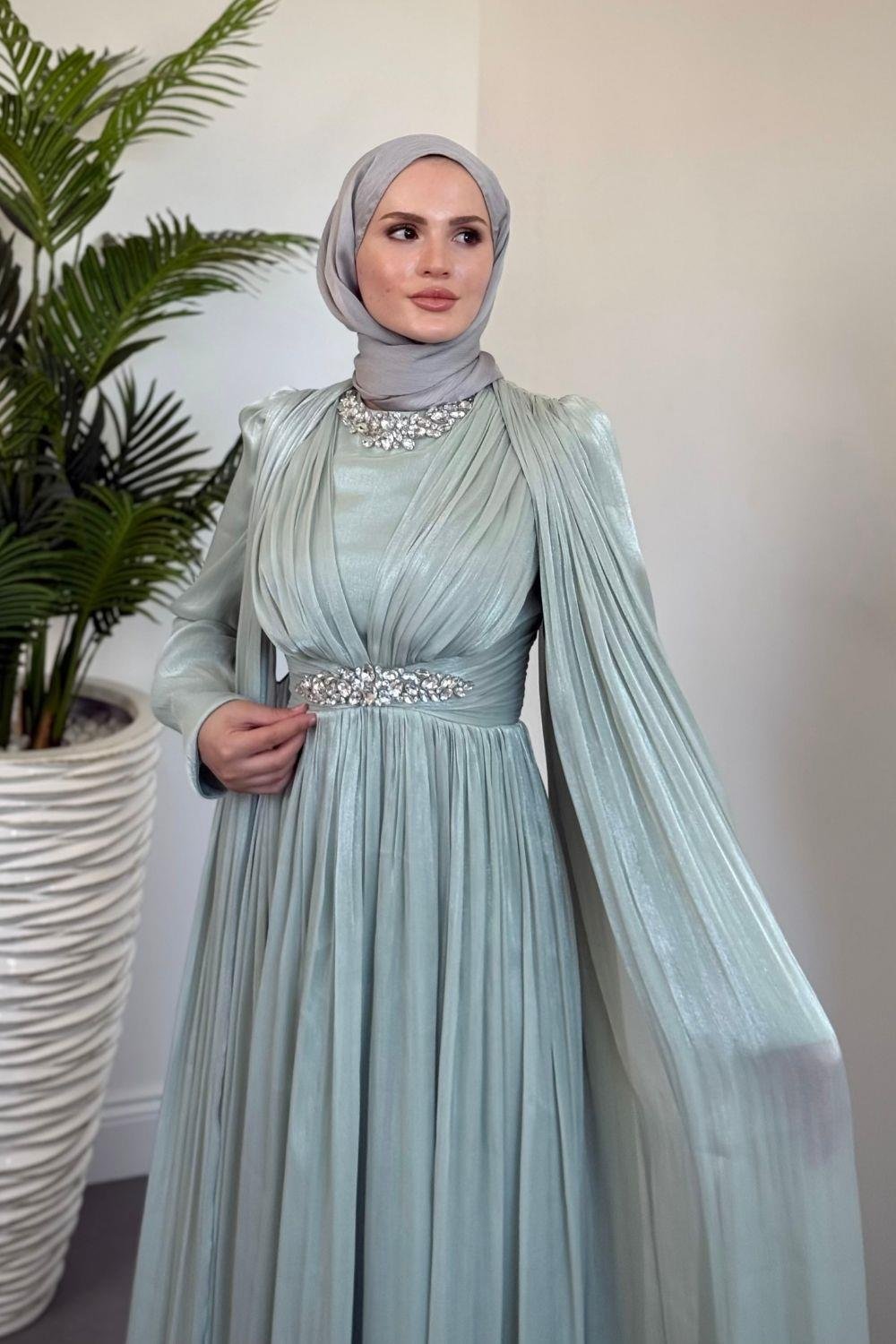 Solea Kolları Pelerinli Taşlı Abiye Mint