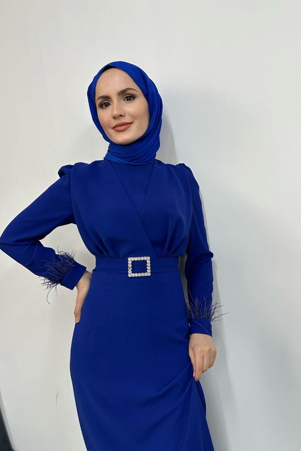 Stell Kolları Tüy Detay Kalem Abiye Saks Mavisi