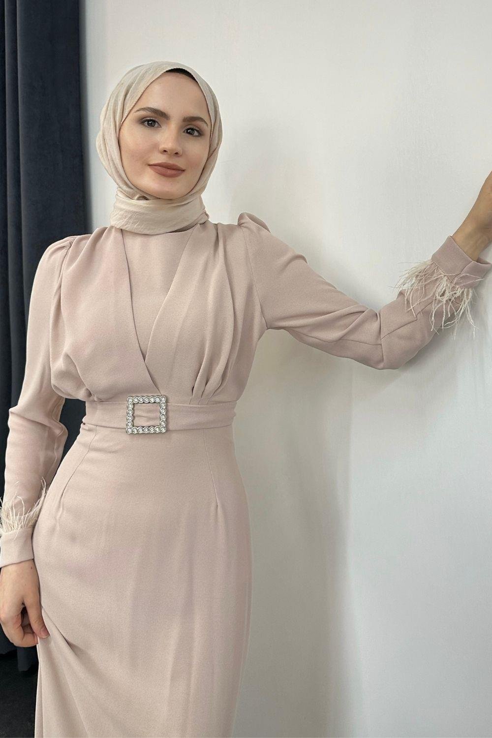 Stell Kolları Tüy Detay Kalem Abiye Taş