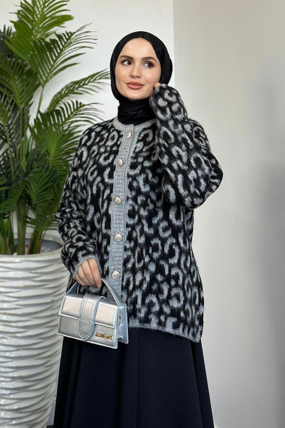 Talia Leopar Hırka Gri