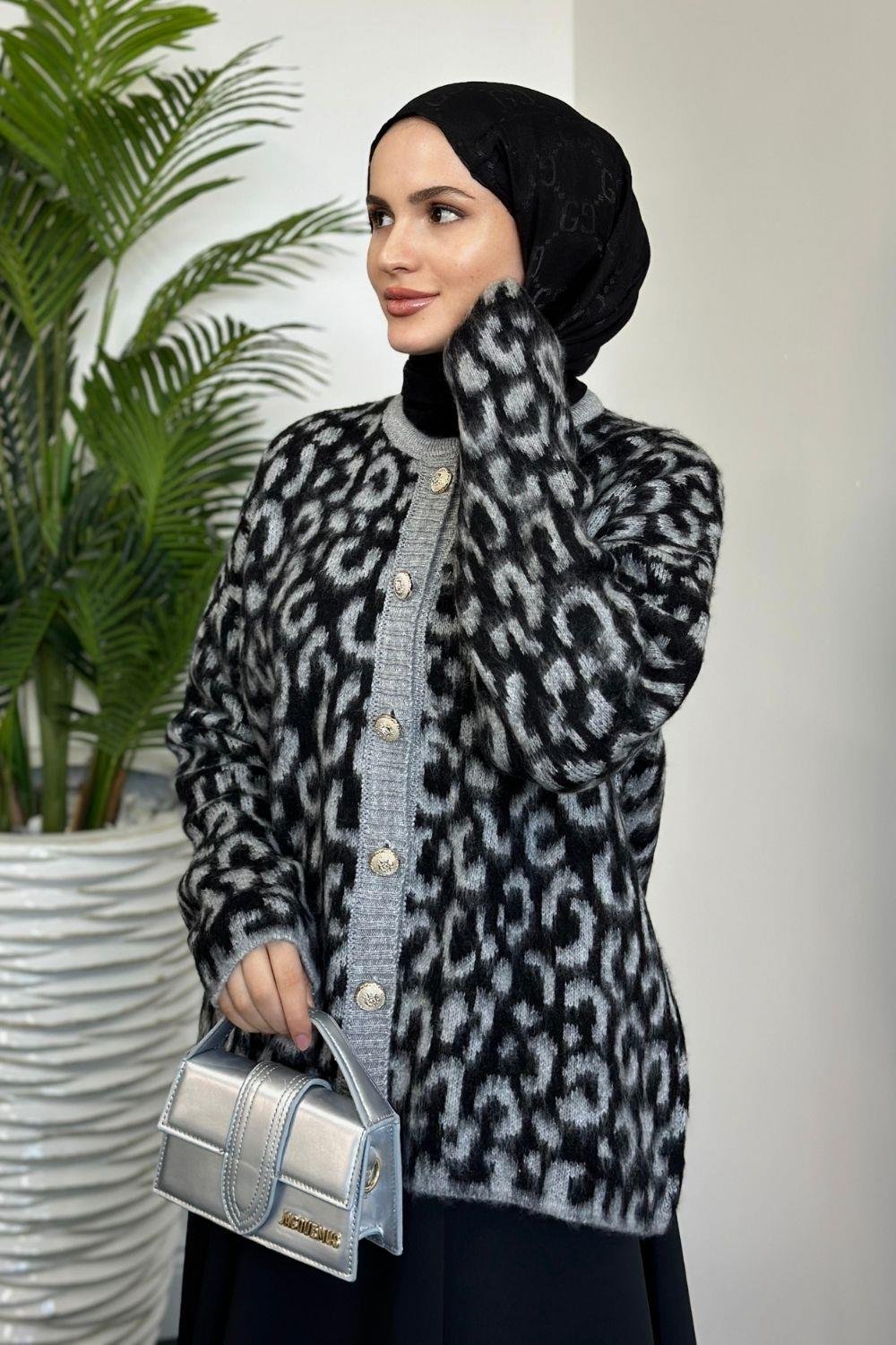 Talia Leopar Hırka Gri