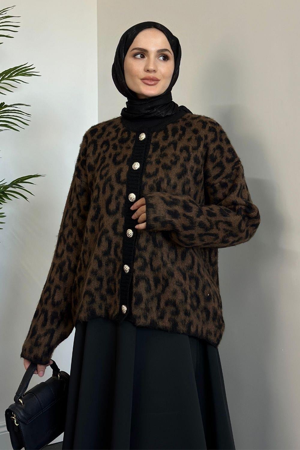 Talia Leopar Hırka Kahverengi