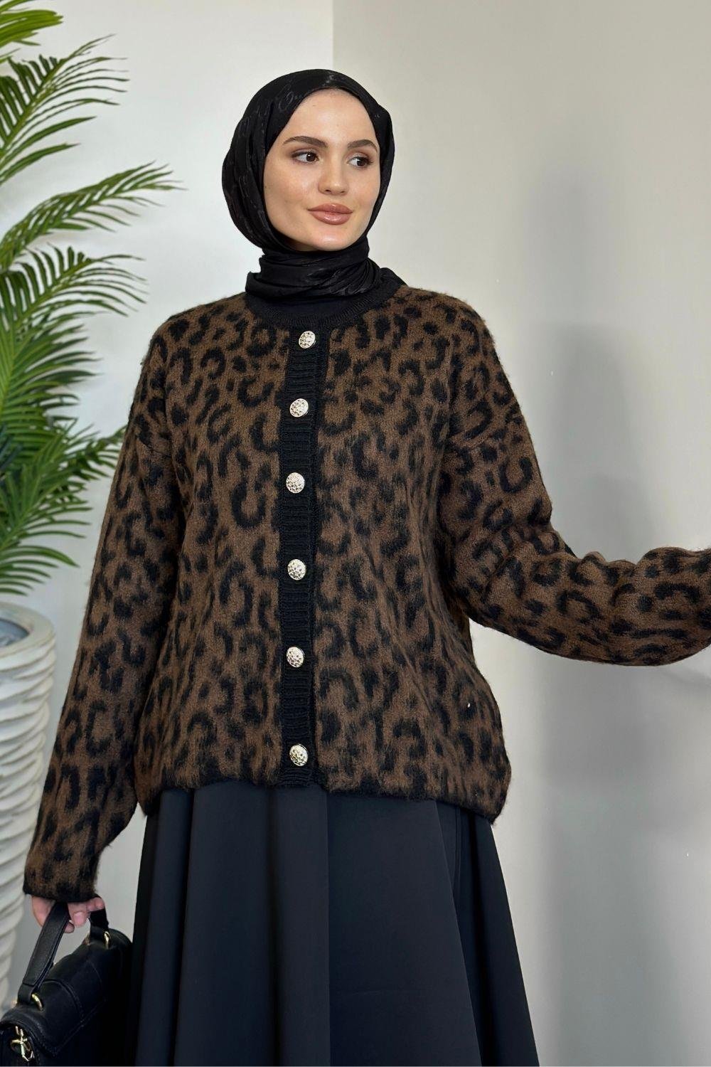 Talia Leopar Hırka Kahverengi