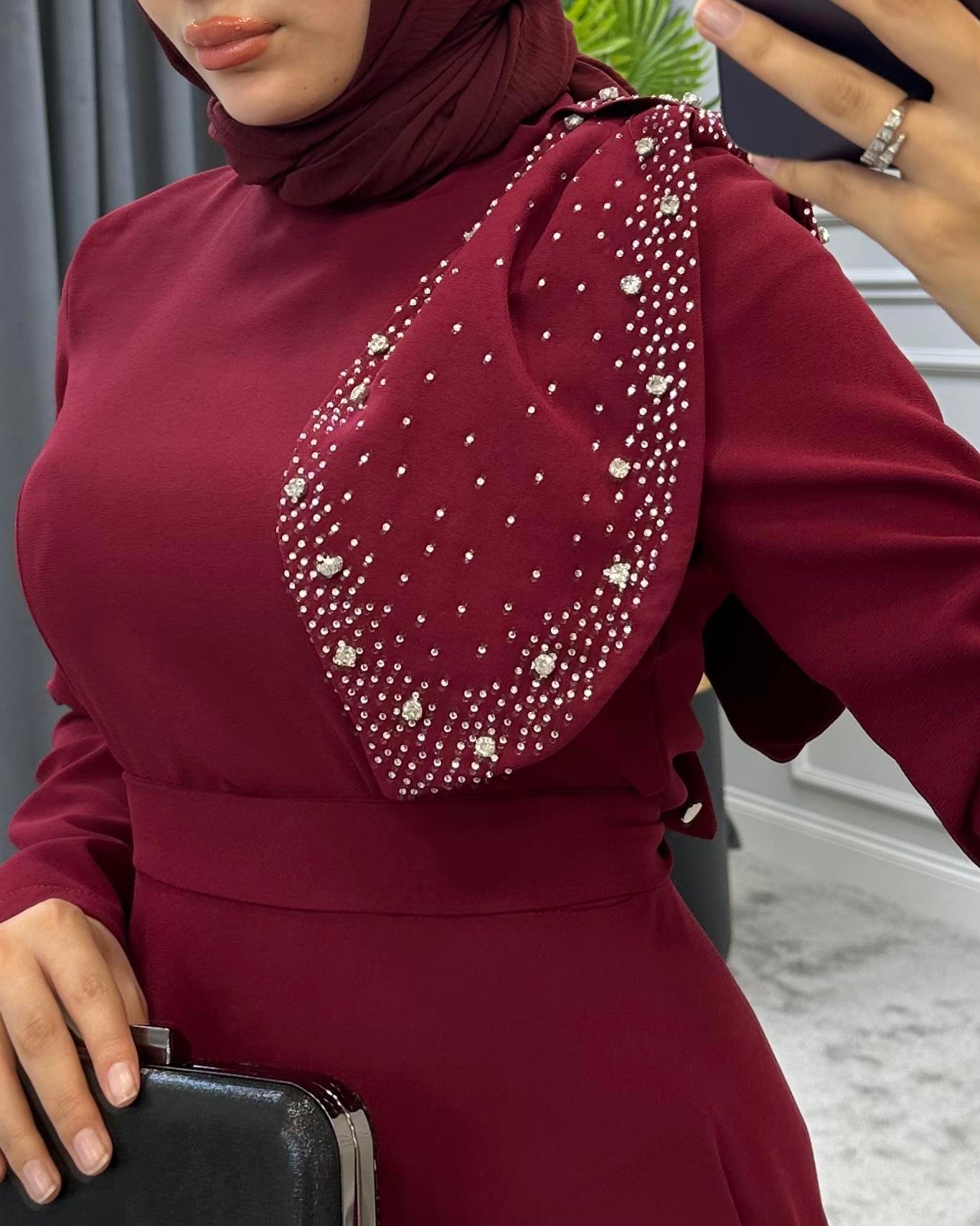 Taşlı Fiyonklu Abiye Bordo