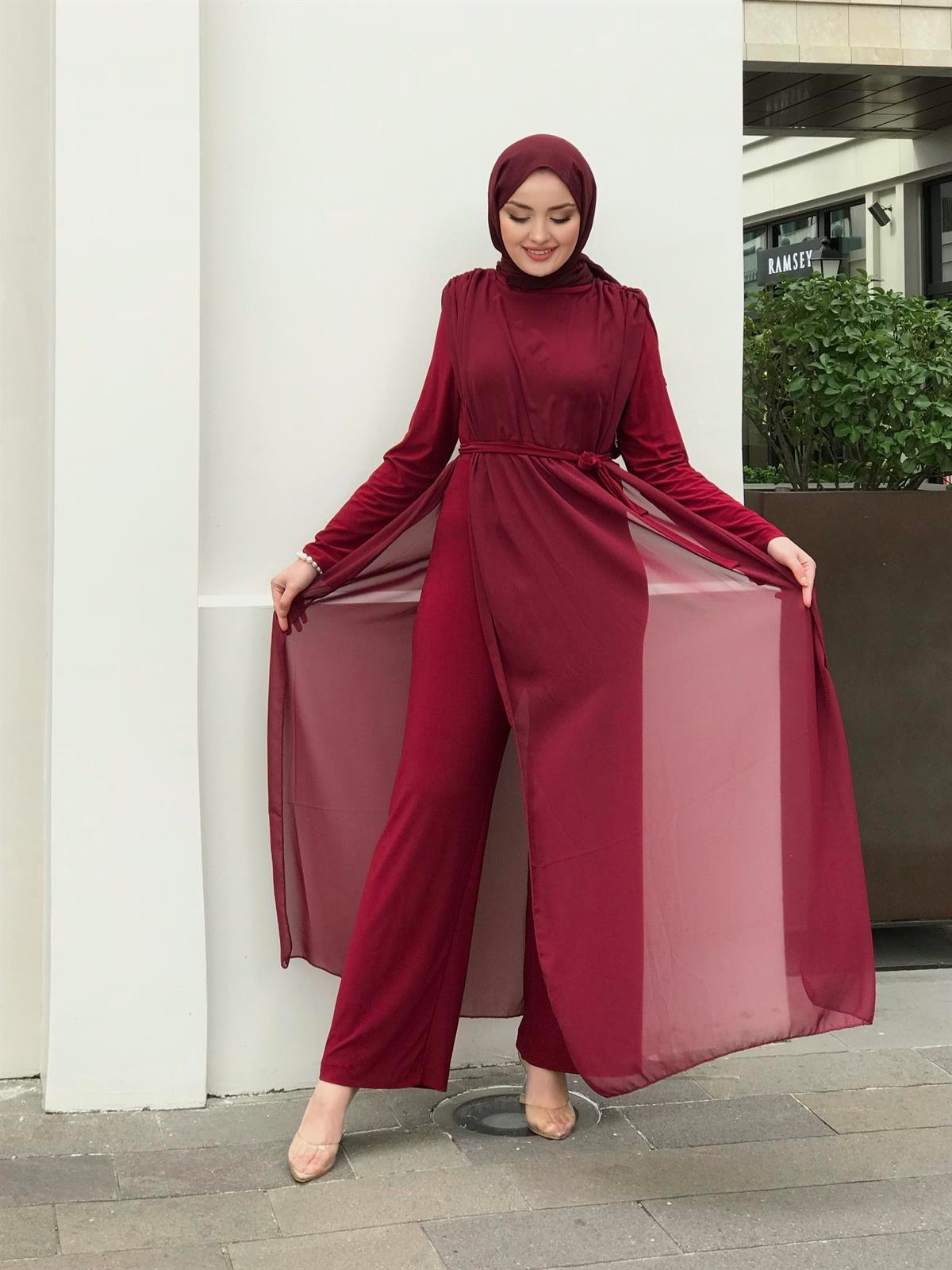 Tül Detaylı Beli Kuşaklı Tulum Bordo