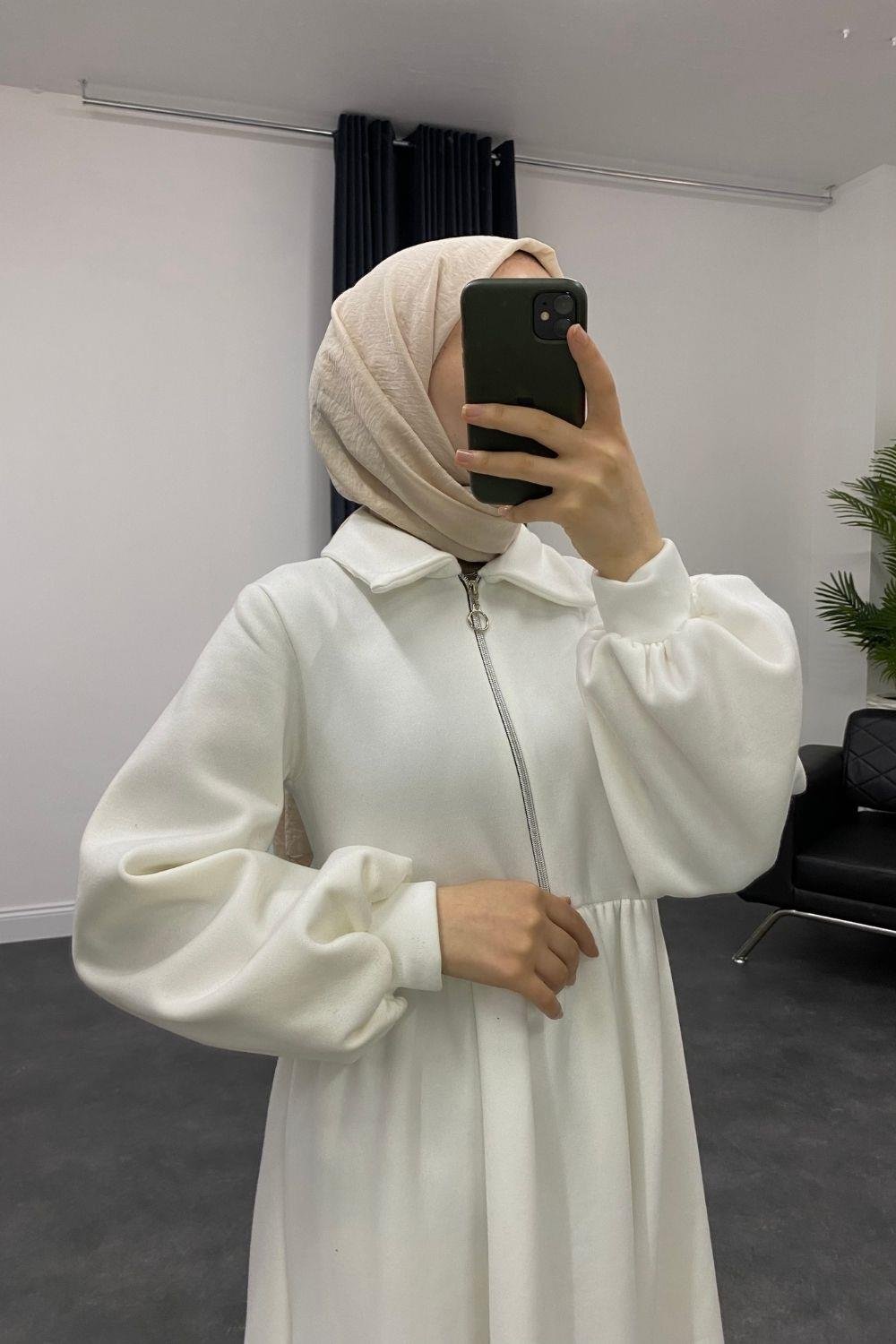 Vereniko Fermuarlı Sweat Elbise Beyaz
