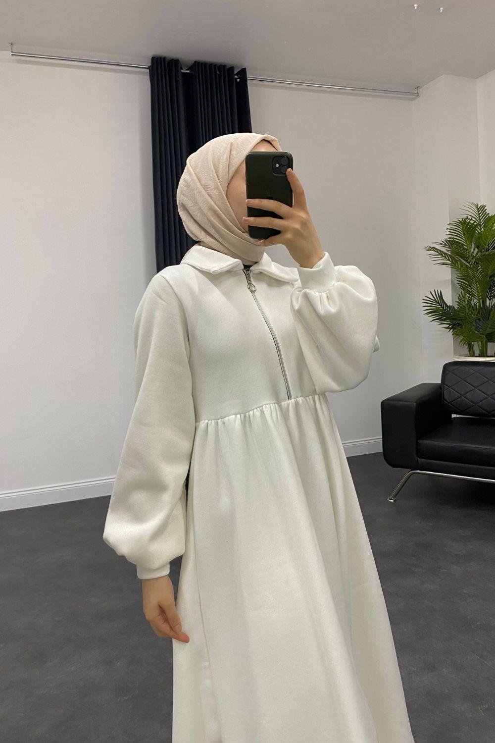 Vereniko Fermuarlı Sweat Elbise Beyaz