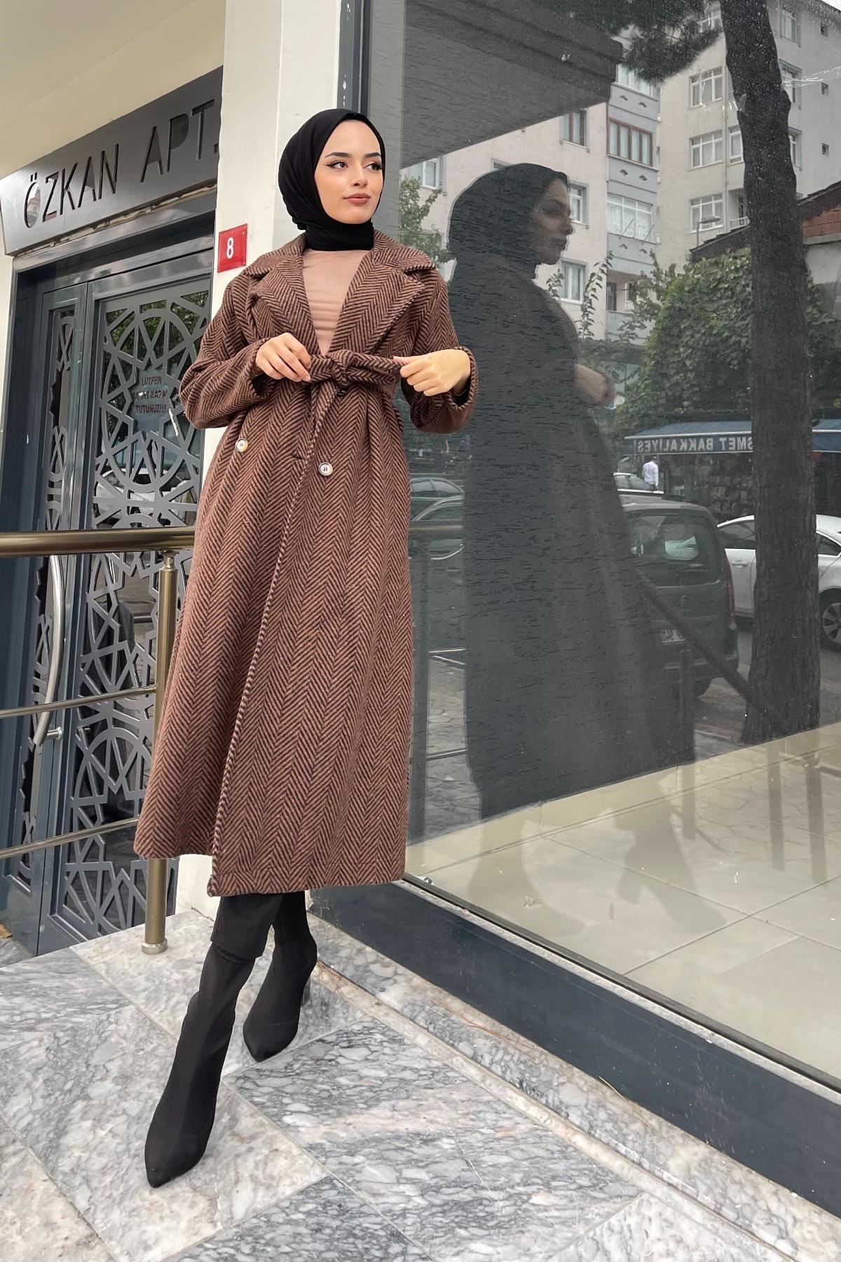 Verev Çizgili Kaşe Kaban Kahverengi