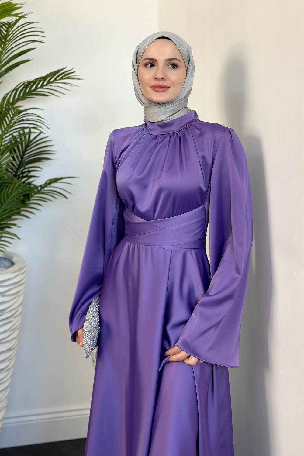 Violet İspanyol Kol Belden Bağlama Saten Elbise Lila