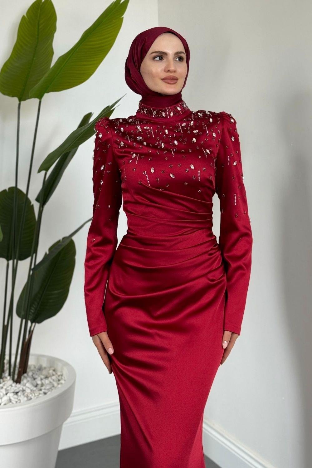 Wanda Saten Taşlı Balık Abiye Bordo