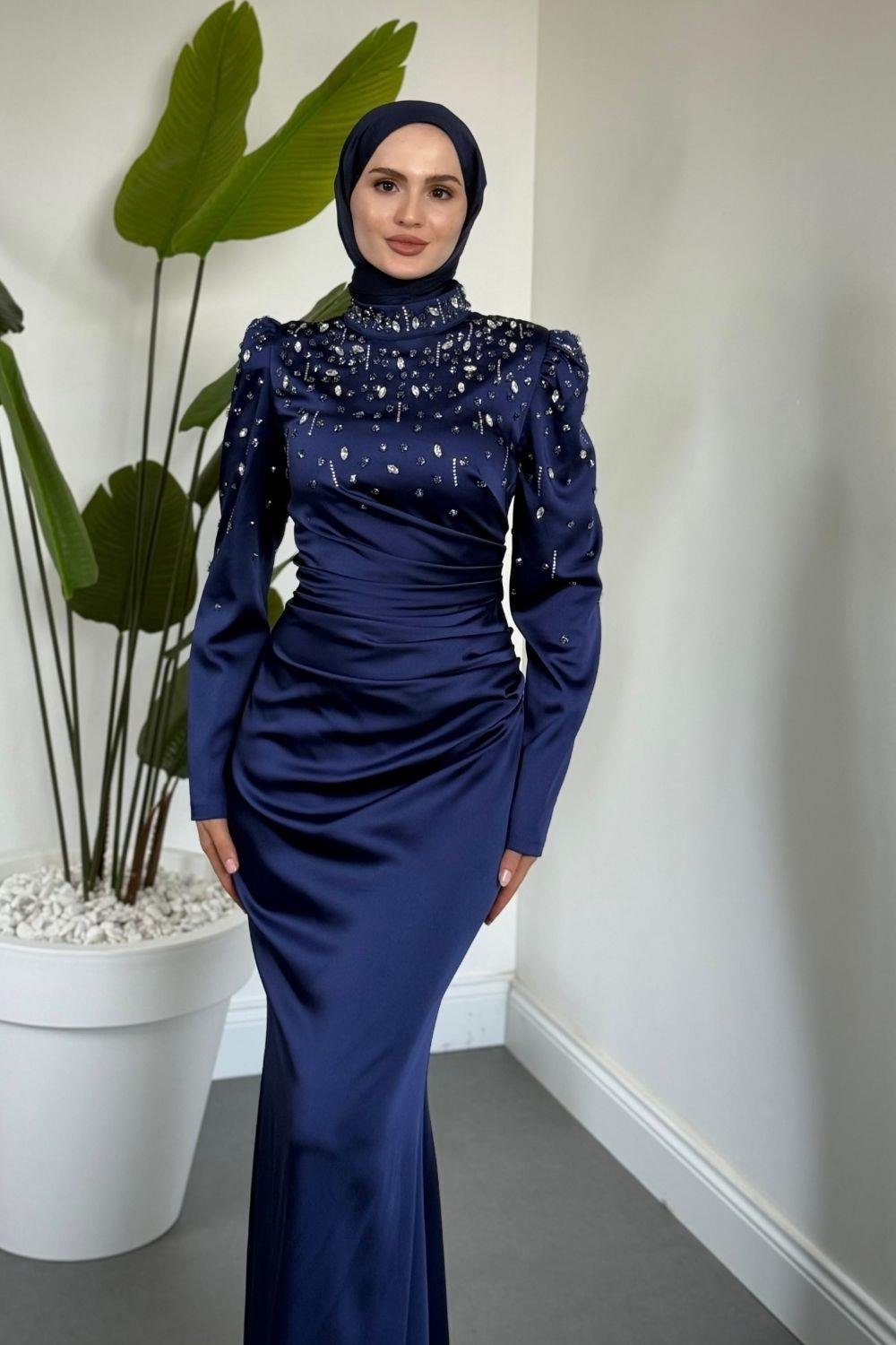 Wanda Saten Taşlı Balık Abiye Lacivert