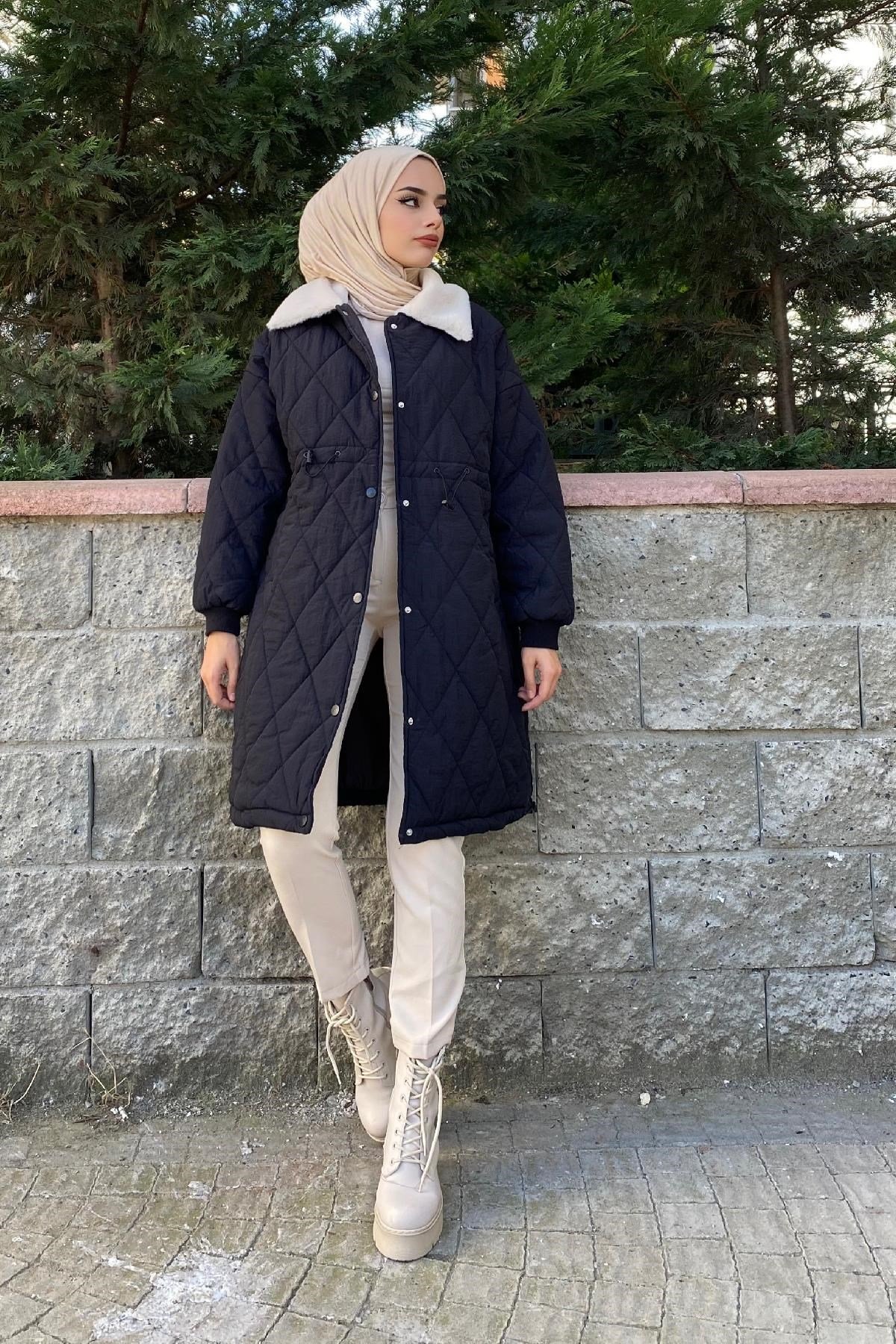 Yakası Kürklü Kapütone Mont Siyah
