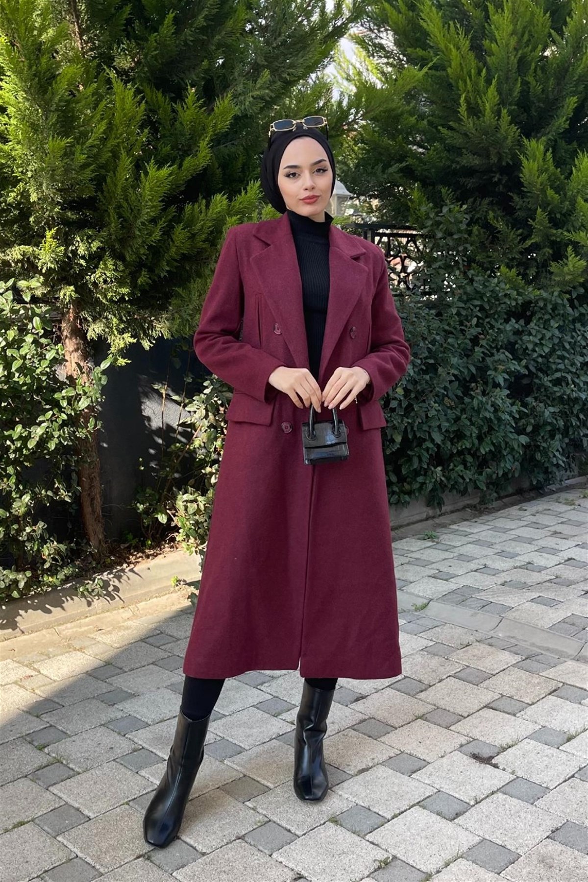 Yan Cepli Astarlı Kaşe Kaban Bordo
