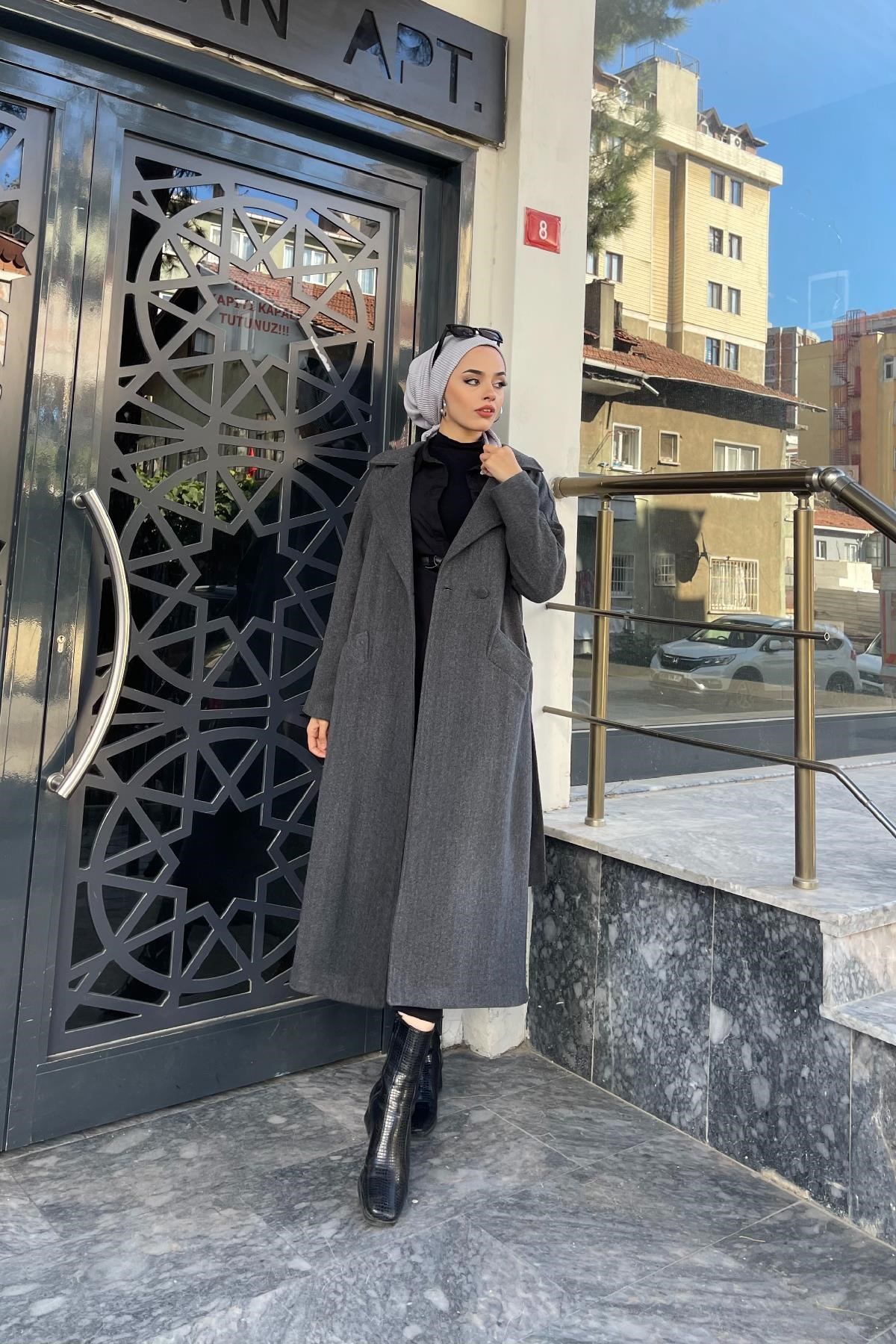 Yandan Düğmeli Kaşe Kaban Füme