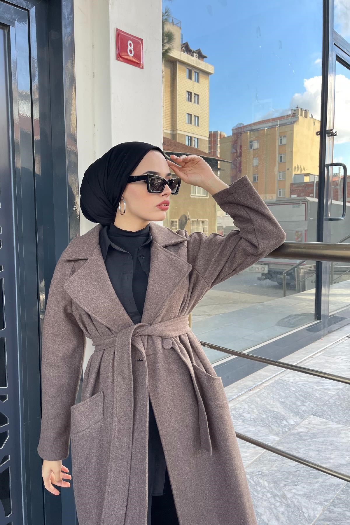 Yandan Düğmeli Kaşe Kaban Kahverengi
