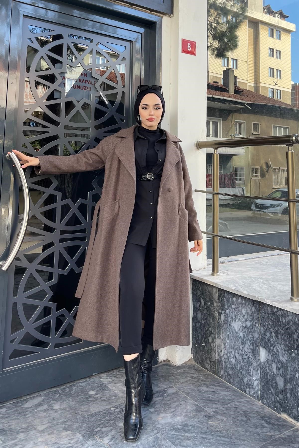 Yandan Düğmeli Kaşe Kaban Kahverengi